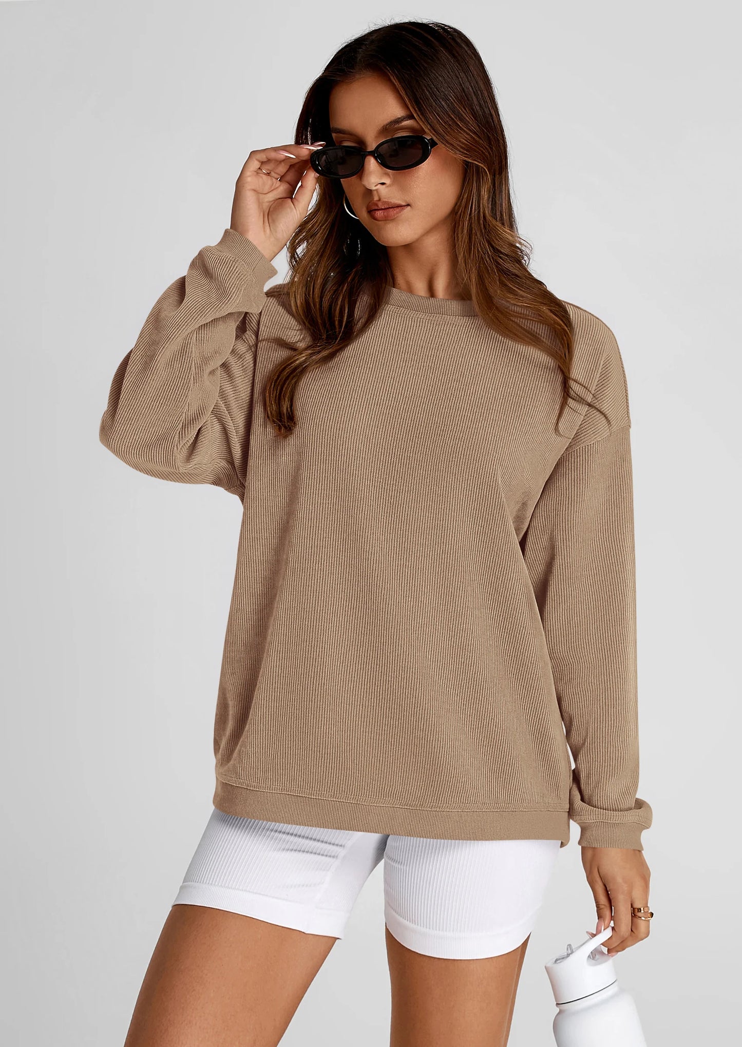 Women's Oversized Sweatshirt 2025 Fall Fashion Clothes Ribbed Corduroy Long Sleeve Going Out Pullover Tops