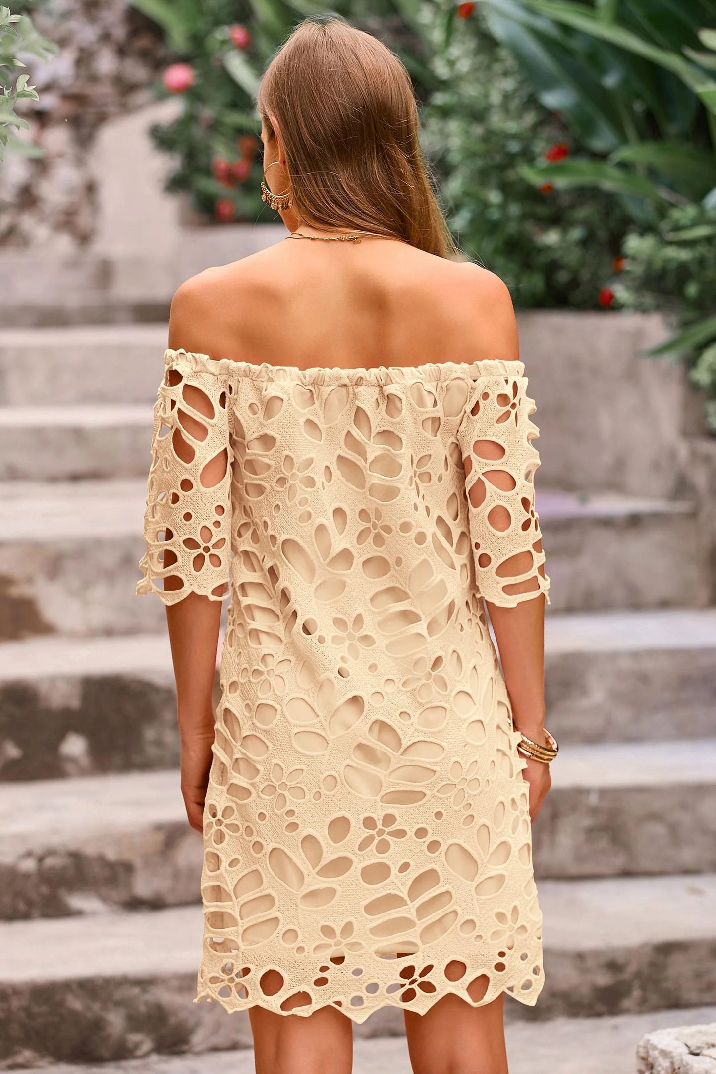 Women's Summer Off Shoulder Dresses Floral Lace Flare Short Sleeve Spring Vintage Elegant Mini Dress