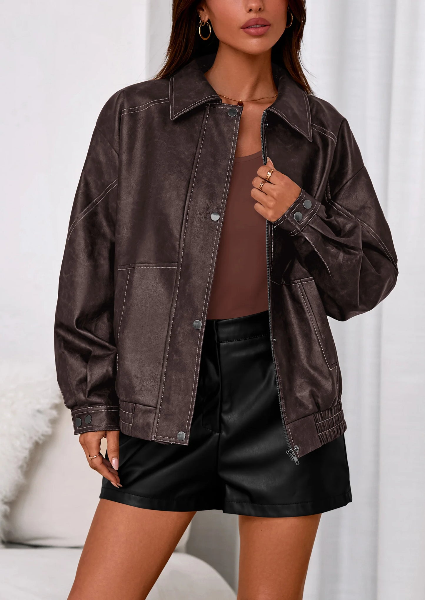 Faux Leather Jacket Women Bomber Motorcycle Zip Up Jackets Oversized Fall Fashion Outfits Winter Coats