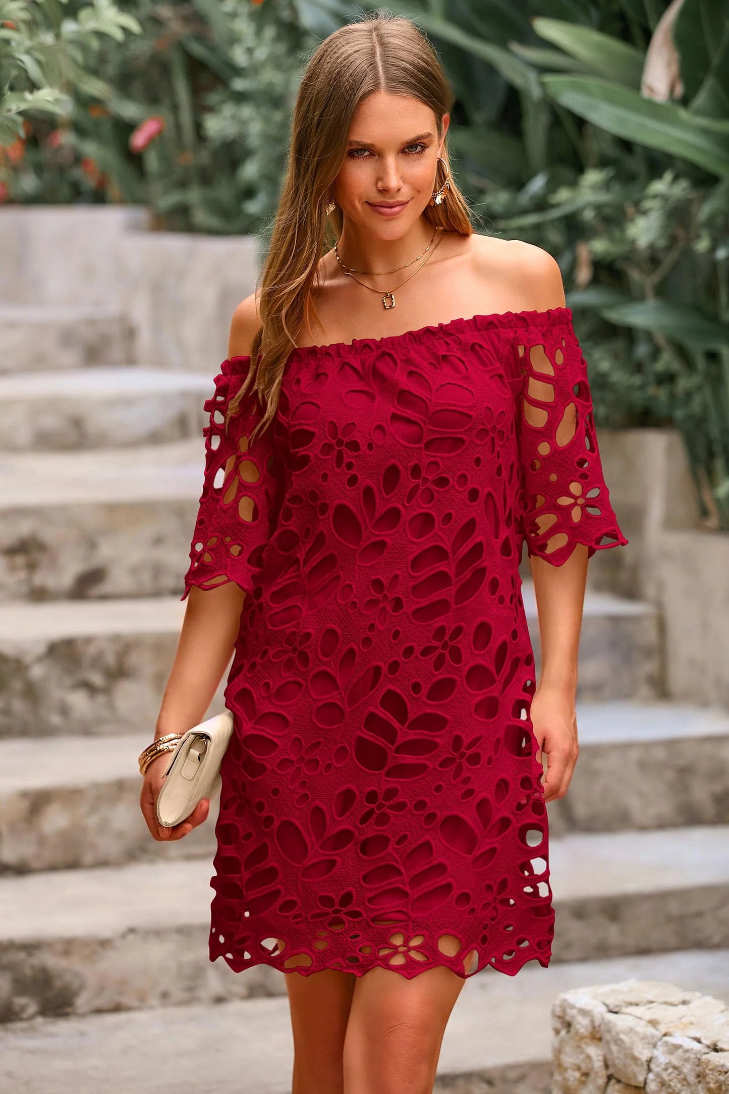 Women's Summer Off Shoulder Dresses Floral Lace Flare Short Sleeve Spring Vintage Elegant Mini Dress