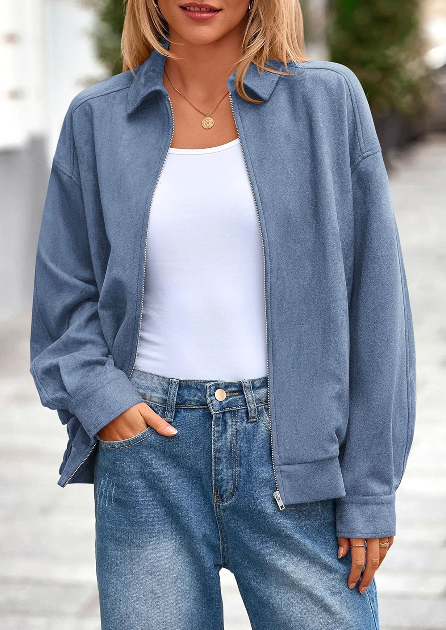 Women's Faux Suede Motorcycle Jacket Trendy Fall Fashion Oversized Zip Up Coats Winter Clothes Outerwear