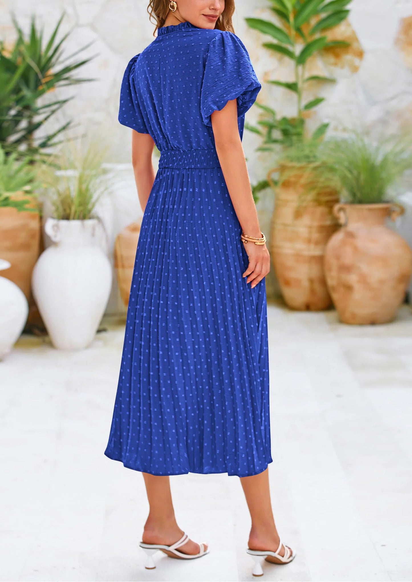 Womens Midi Dresses Puff Short Sleeve V Neck Swiss Dot Pleated A Line Flowy Long Wedding Guest Dress