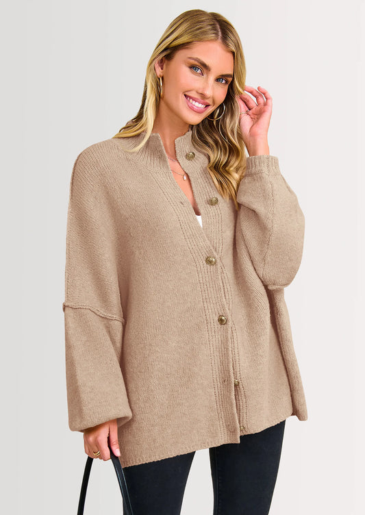 Women's Winter Button Down Cardigan Sweaters Mock Neck Lantern Long Sleeve Chunky Knit Jacket Trendy Outerwear