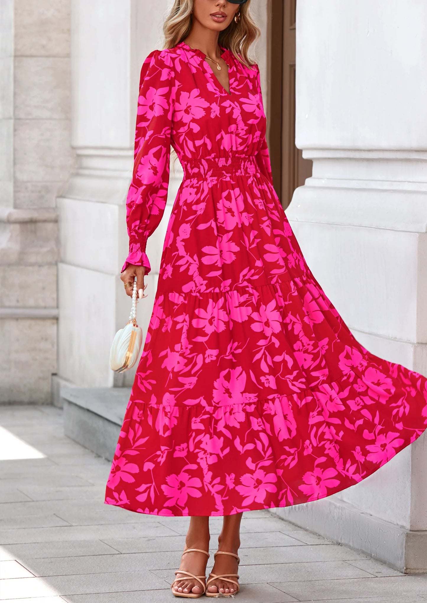 Women's Floral Maxi Dress Spring Long Sleeve V Neck Casual A Line Long Flowy Boho Party Dresses