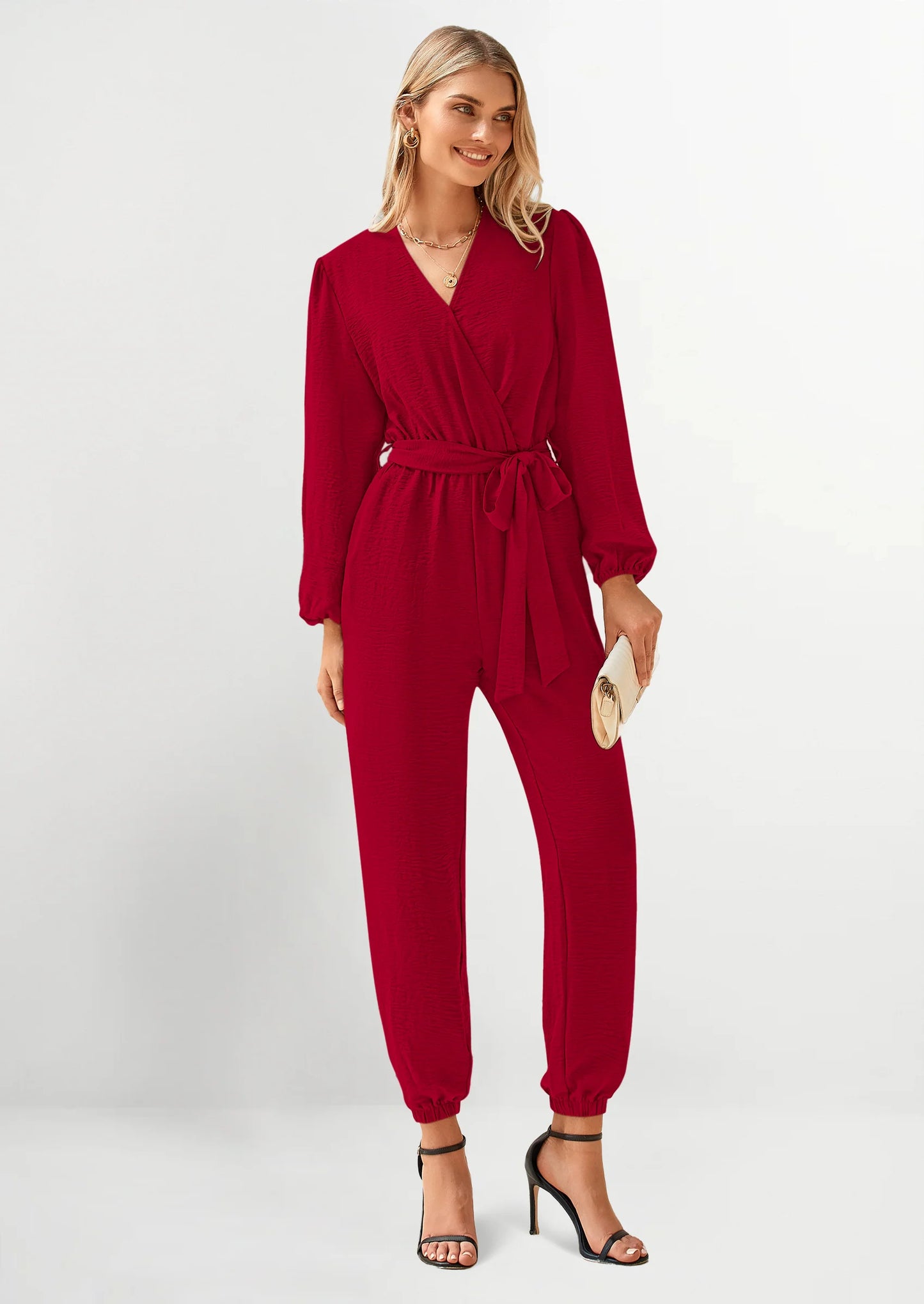 Women's Fall Jumpsuits Dressy Casual Pants Romper Spring Long Sleeve V Neck Belt Pockets One Piece Outfits