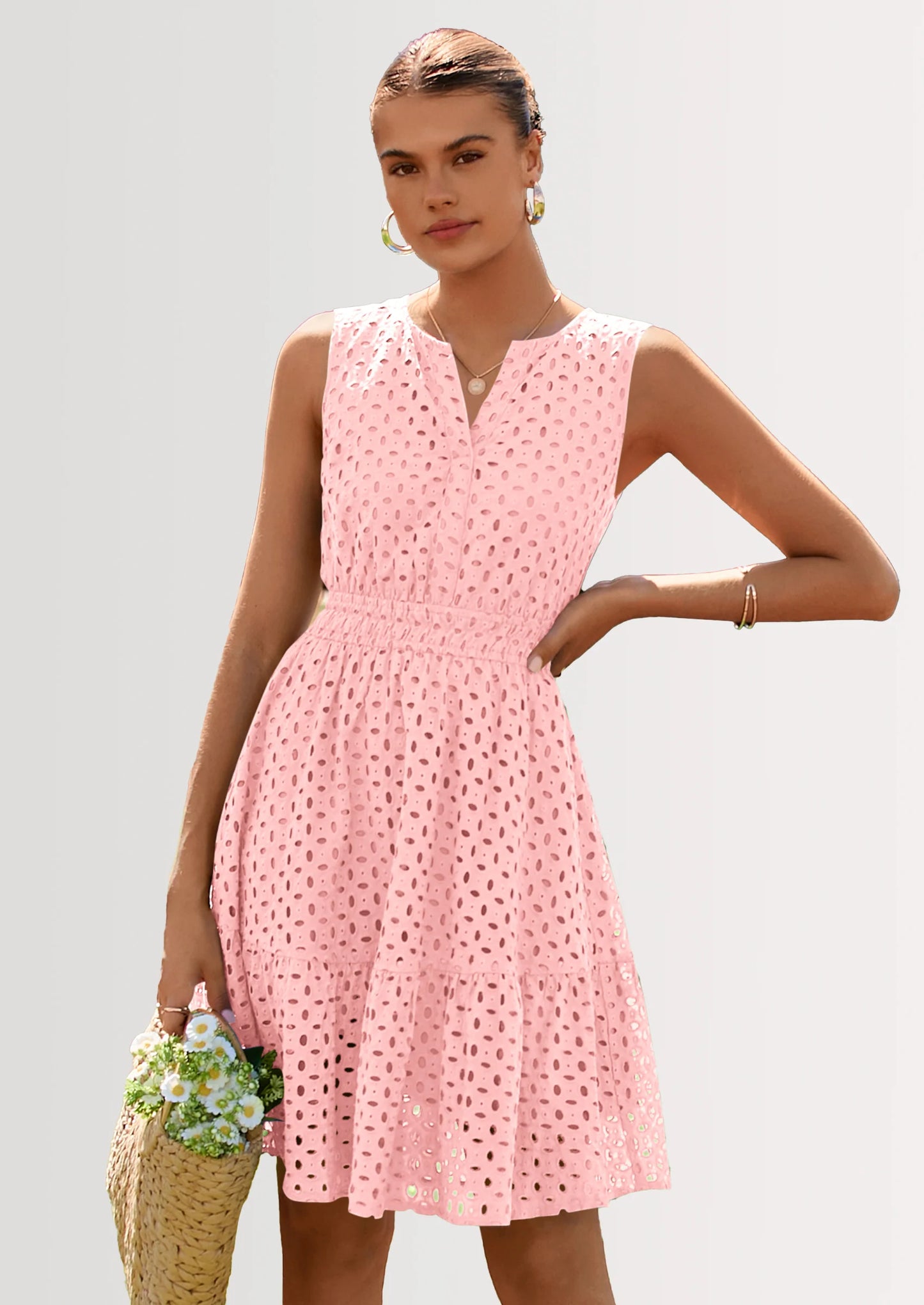 Women's Summer Dresses Sleeveless V Neck Eyelet Hollow Out Swing A Line Beach Vacation Sun Dress