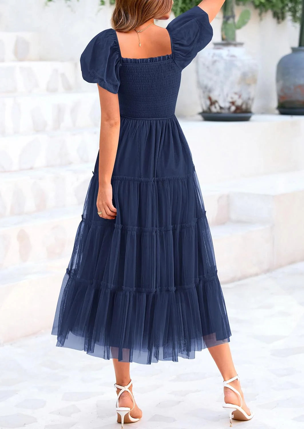Women's Smocked Tulle Midi Dress Square Neck Puffy Short Sleeve Ruffle Wedding Guest Party Dresses