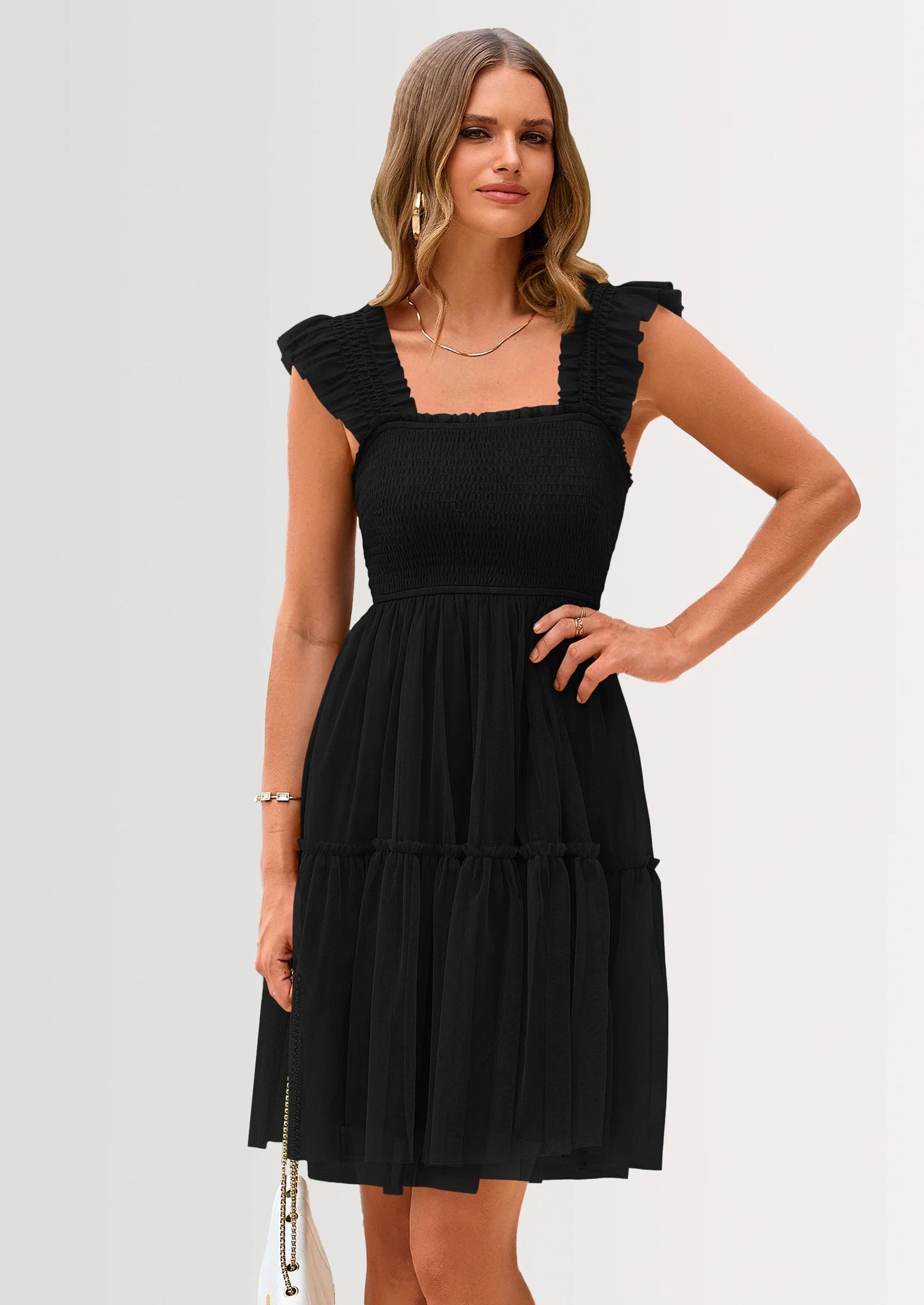 Womens Trendy Mini Summer Dresses Sleeveless Tulle Ruffle Square Neck Tiered Smocked Beach Vacation Dress