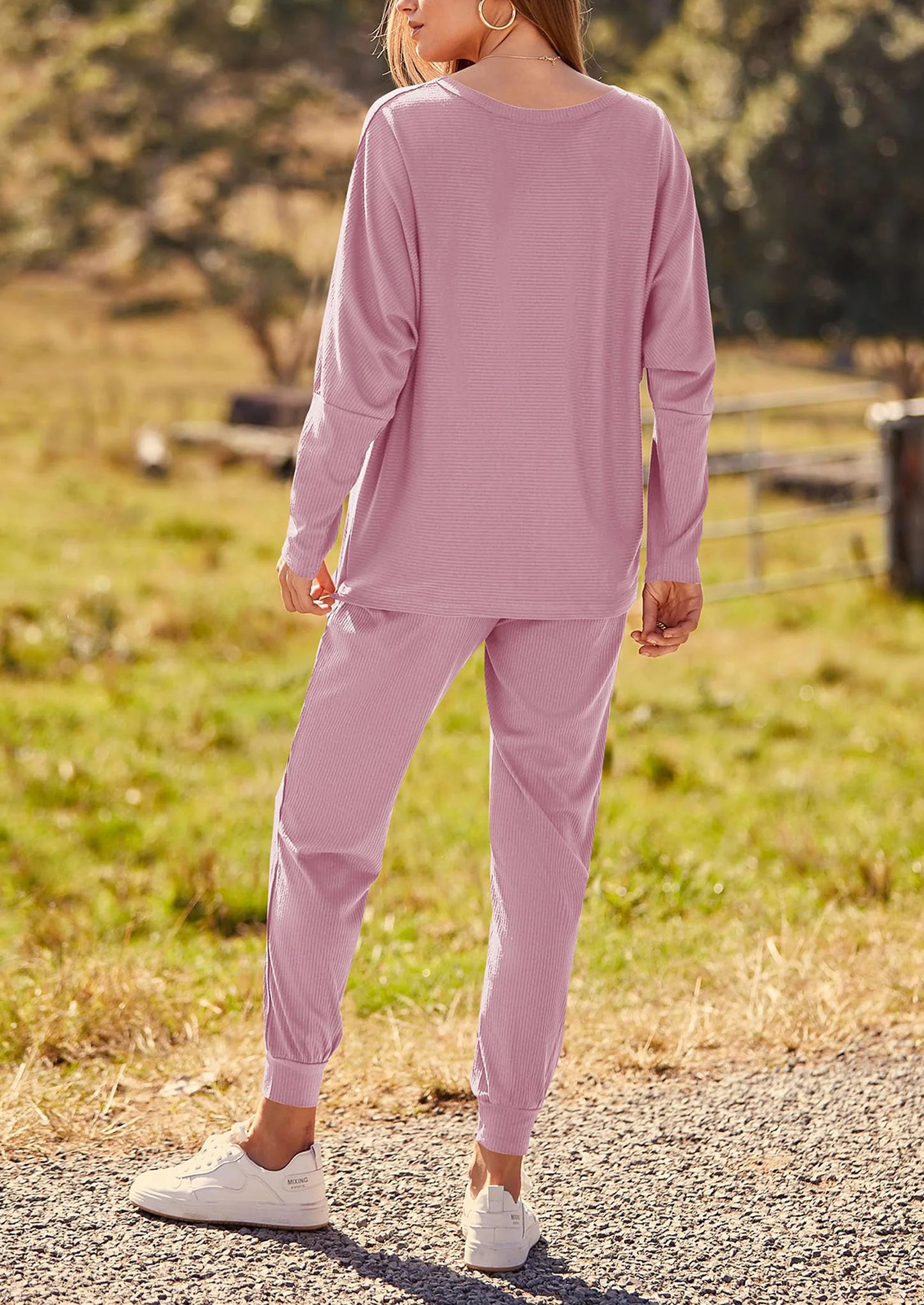Women's Fall 2 Piece Lounge Set Long Sleeve Tops Ribbed Pants Spring Matching Sweatsuit Travel Outfits Clothes