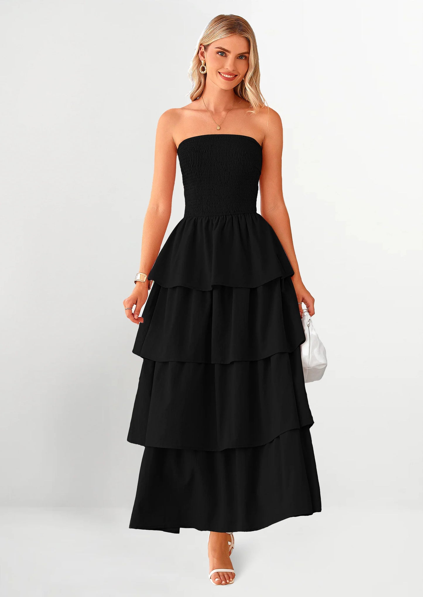 Maxi Dresses for Women Off Shoulder Smocked Tiered Ruffle Long Flowy Wedding Guest Dress