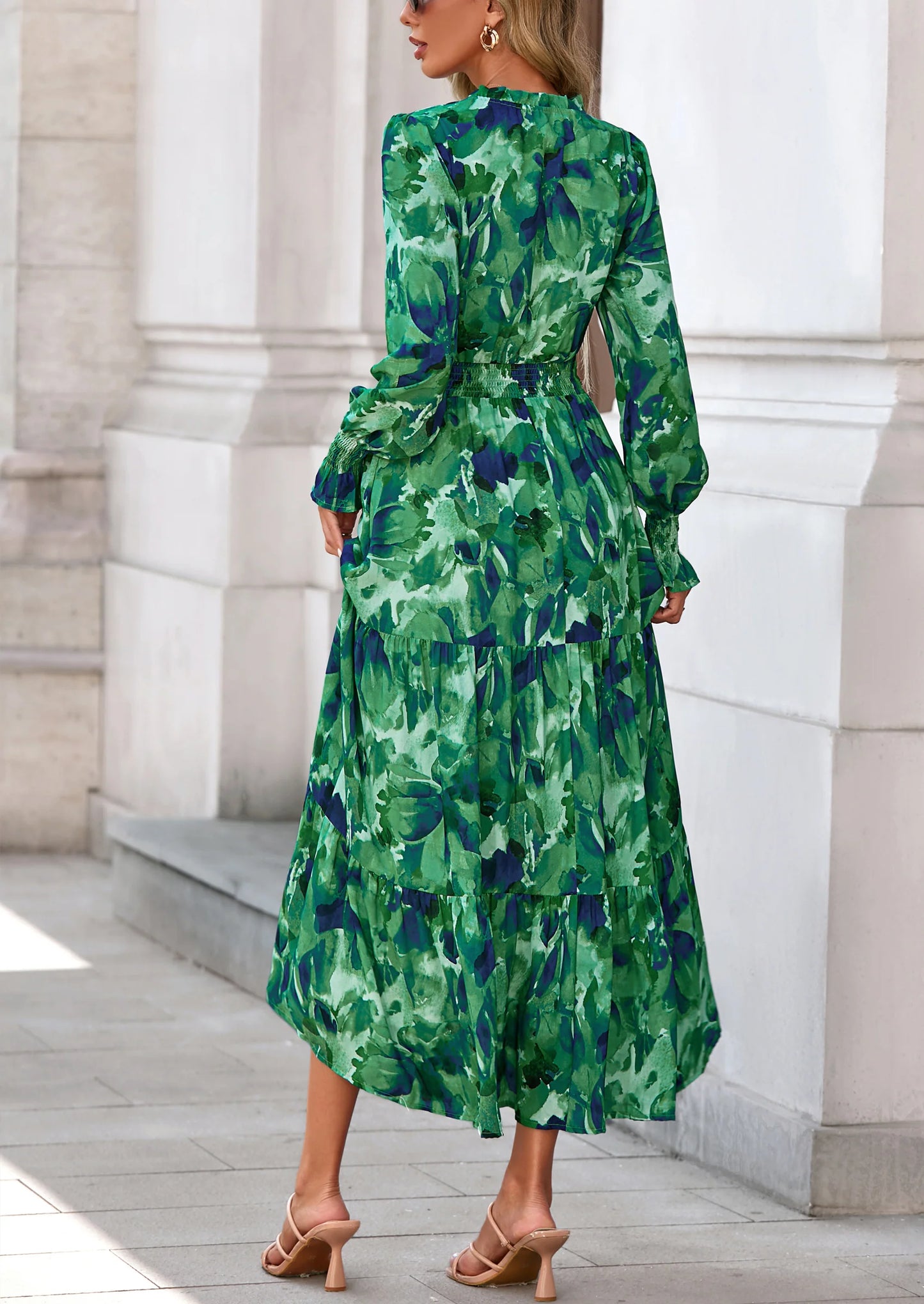 Women's Floral Maxi Dress Spring Long Sleeve V Neck Casual A Line Long Flowy Boho Party Dresses