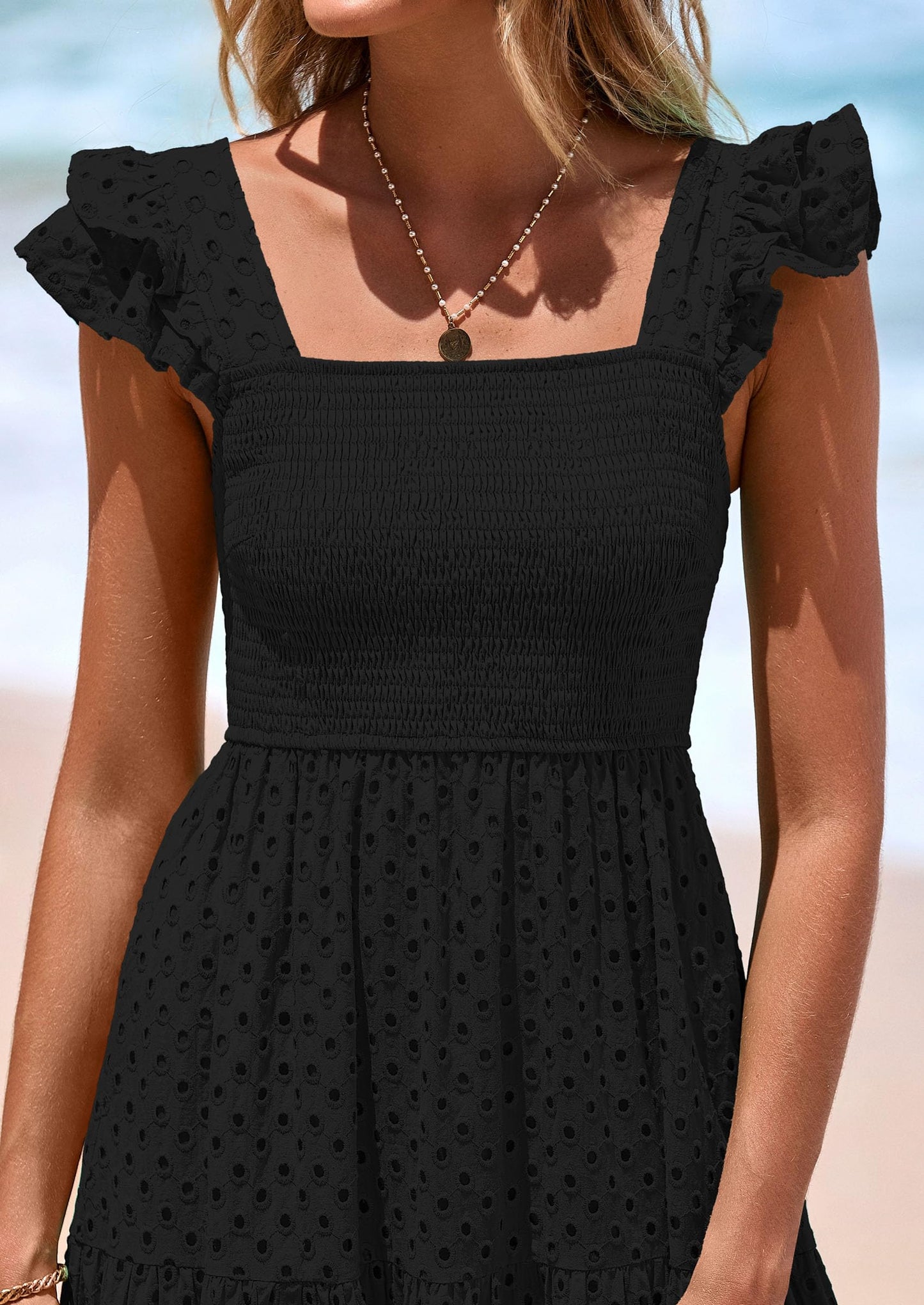 Womens Square Neck Maxi Dresses Cap Sleeve Eyelet Smocked Tiered A Line Flowy Long Dress with Pockets