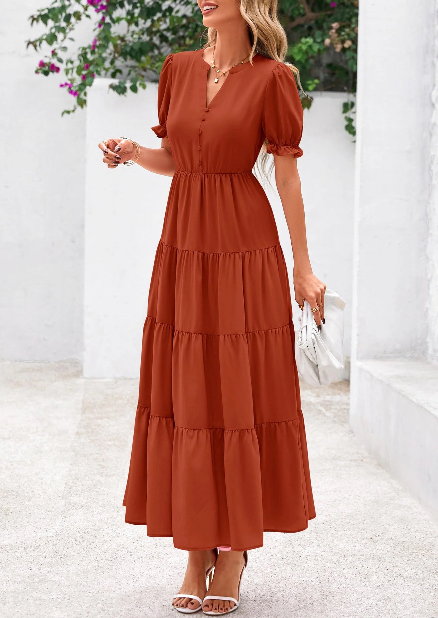 Women's Casual Short Sleeve V Neck Midi Dresses Spring A-line Tiered Wedding Guest Dress