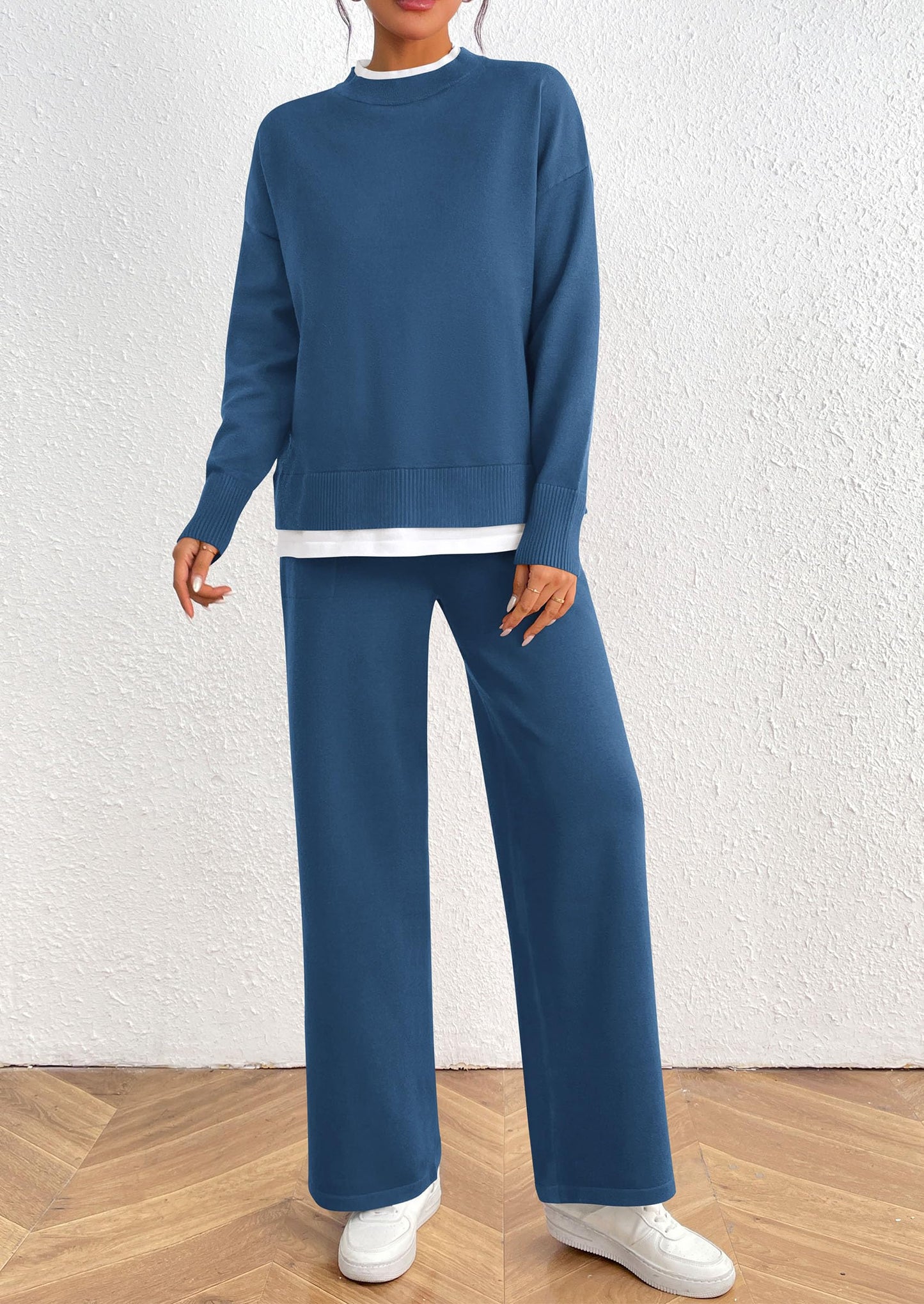 Two Piece Matching Sweater Lounge Sets Knit Long Sleeve Pullover Tops Wide Leg Pants