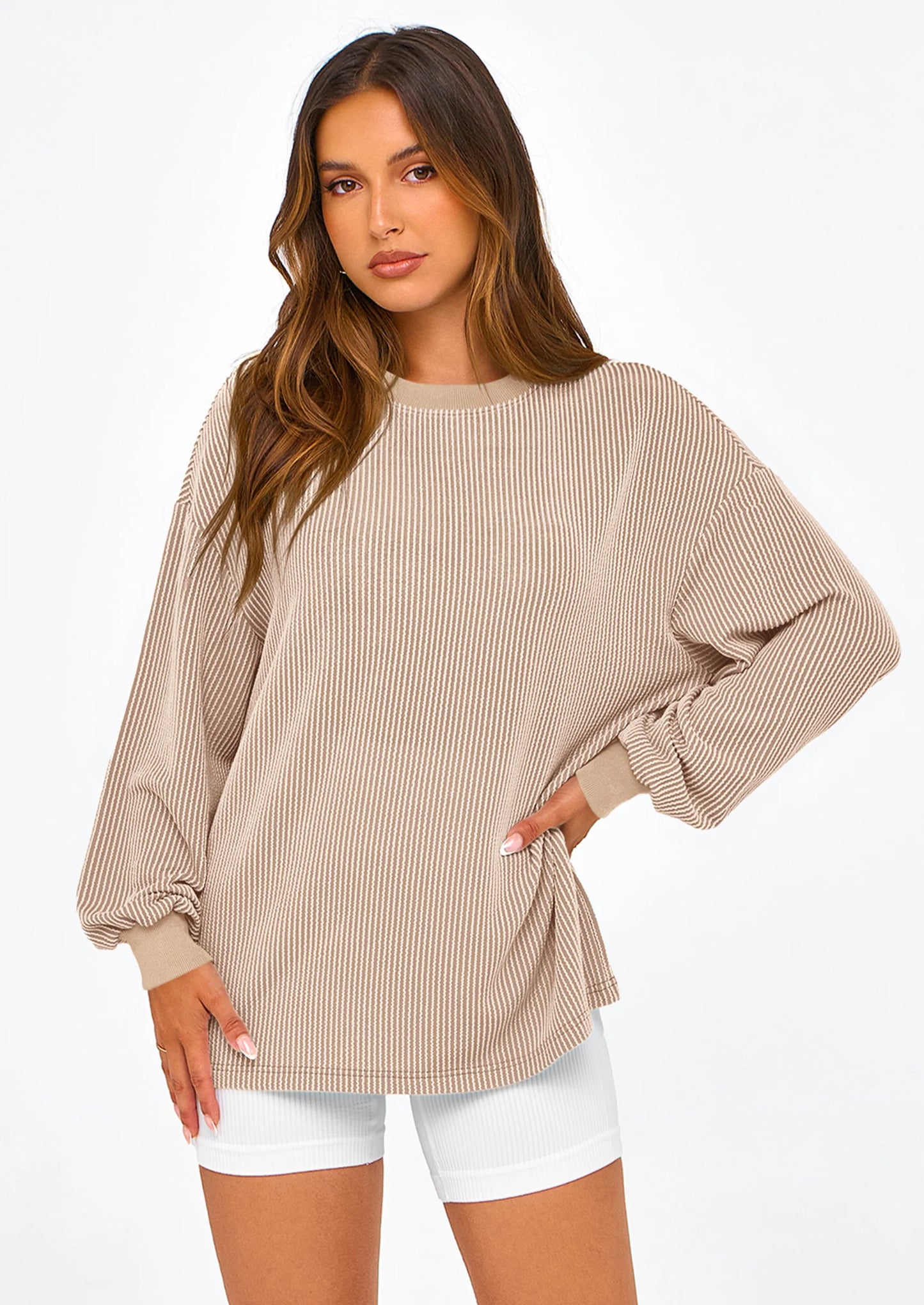 Women's Long Sleeve Tee Shirts Spring Fall Trendy Clothes Casual Loose Crewneck Ribbed Blouse Tunic Tops