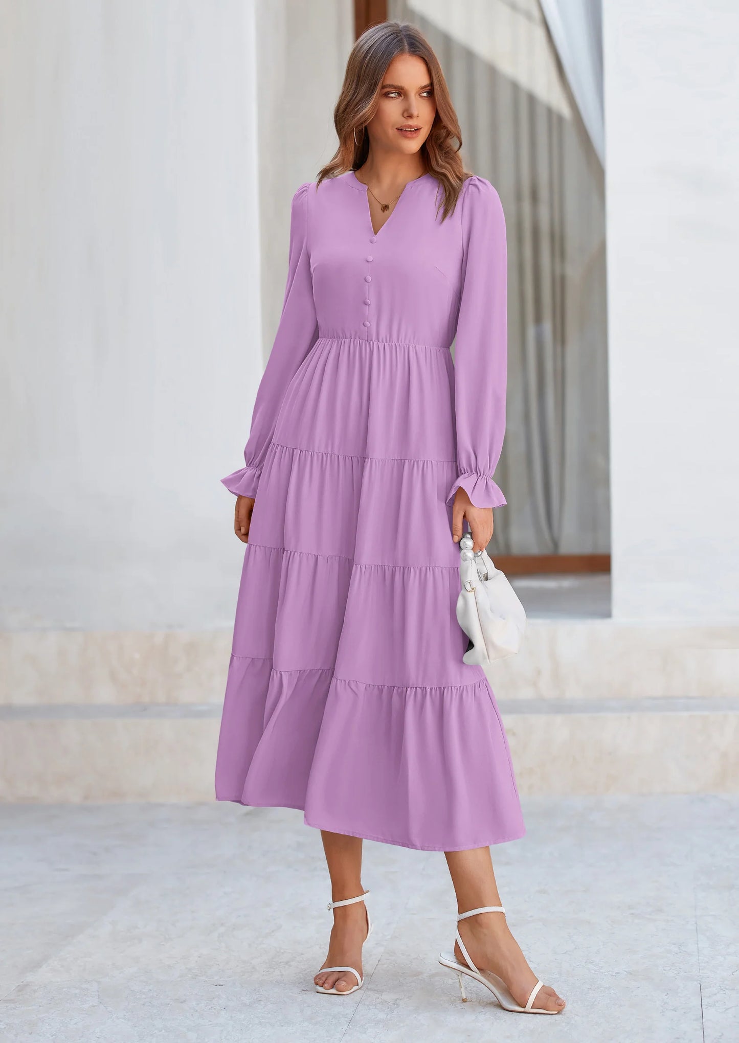Women Fall Long Sleeve Smocked Maxi Dress Casual Square Neck Swiss Dot Tiered Ruffle Flowy Spring Pocket Dresses