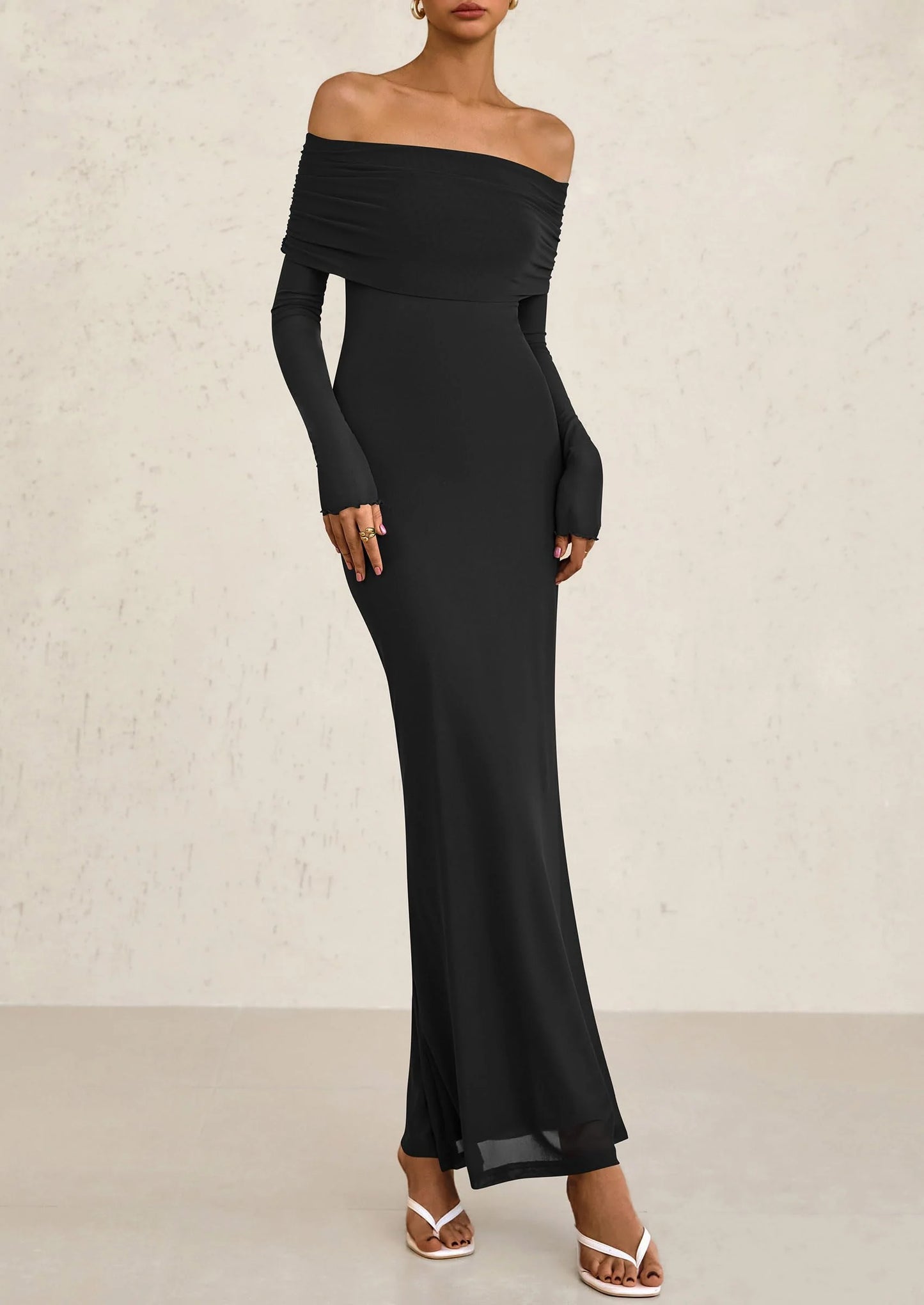 Off The Shoulder Dresses for Women Mesh Long Sleeve Baby Shower Formal Wedding Guest Dress
