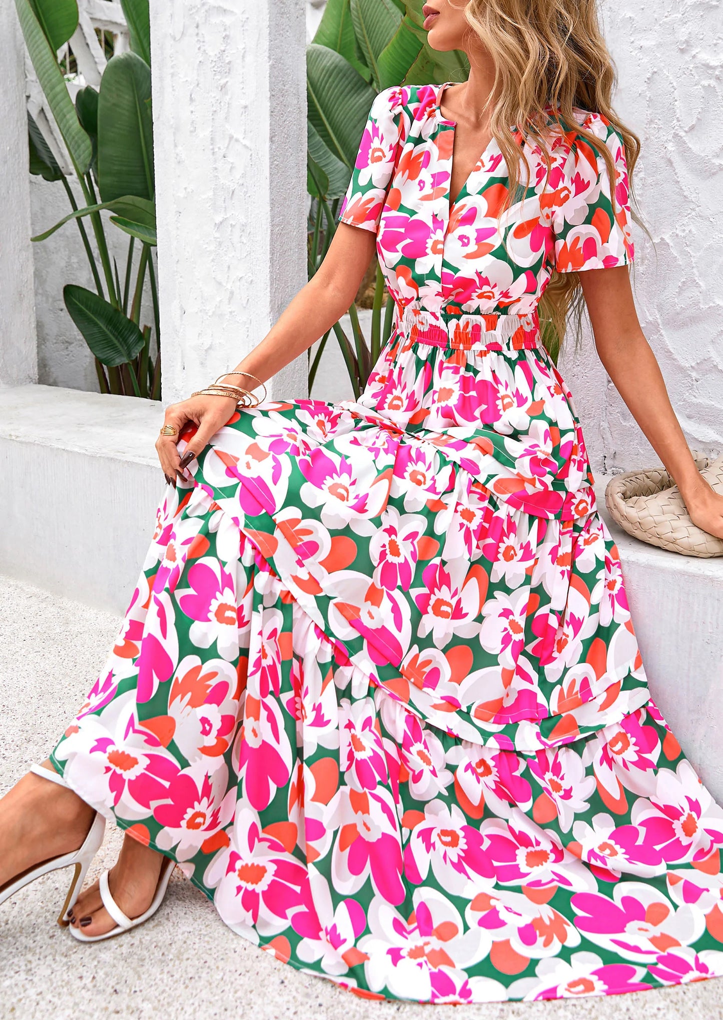 Women's Boho Maxi Dresses Floral Short Sleeve V Neck A Line Tiered Flowy Long Beach Vacation Dress