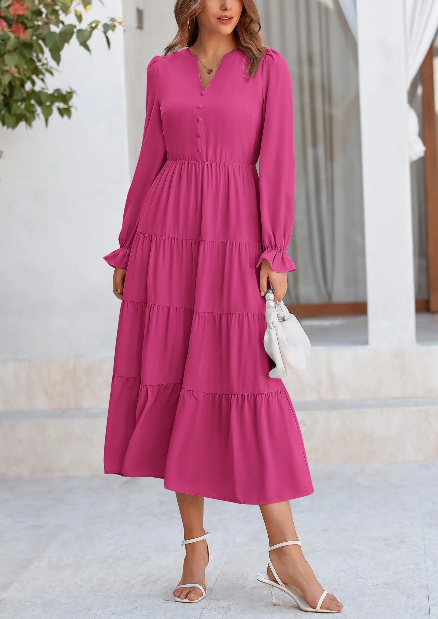 Women Fall Long Sleeve Smocked Maxi Dress Casual Square Neck Swiss Dot Tiered Ruffle Flowy Spring Pocket Dresses