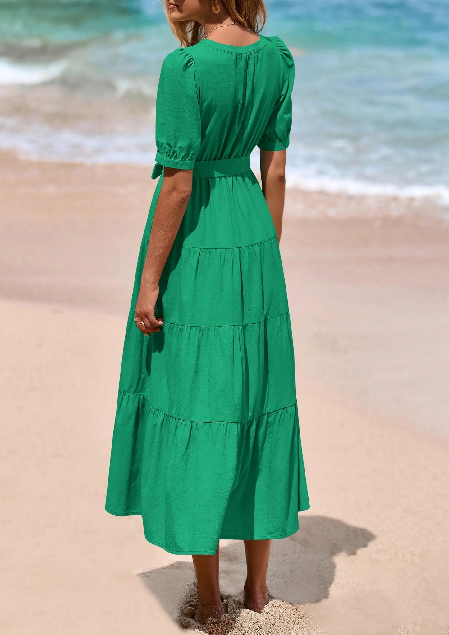 Women's Midi Dress Casual Short Sleeve V Neck Buttons Belted Ruffle A Line Flowy Dress with Pockets