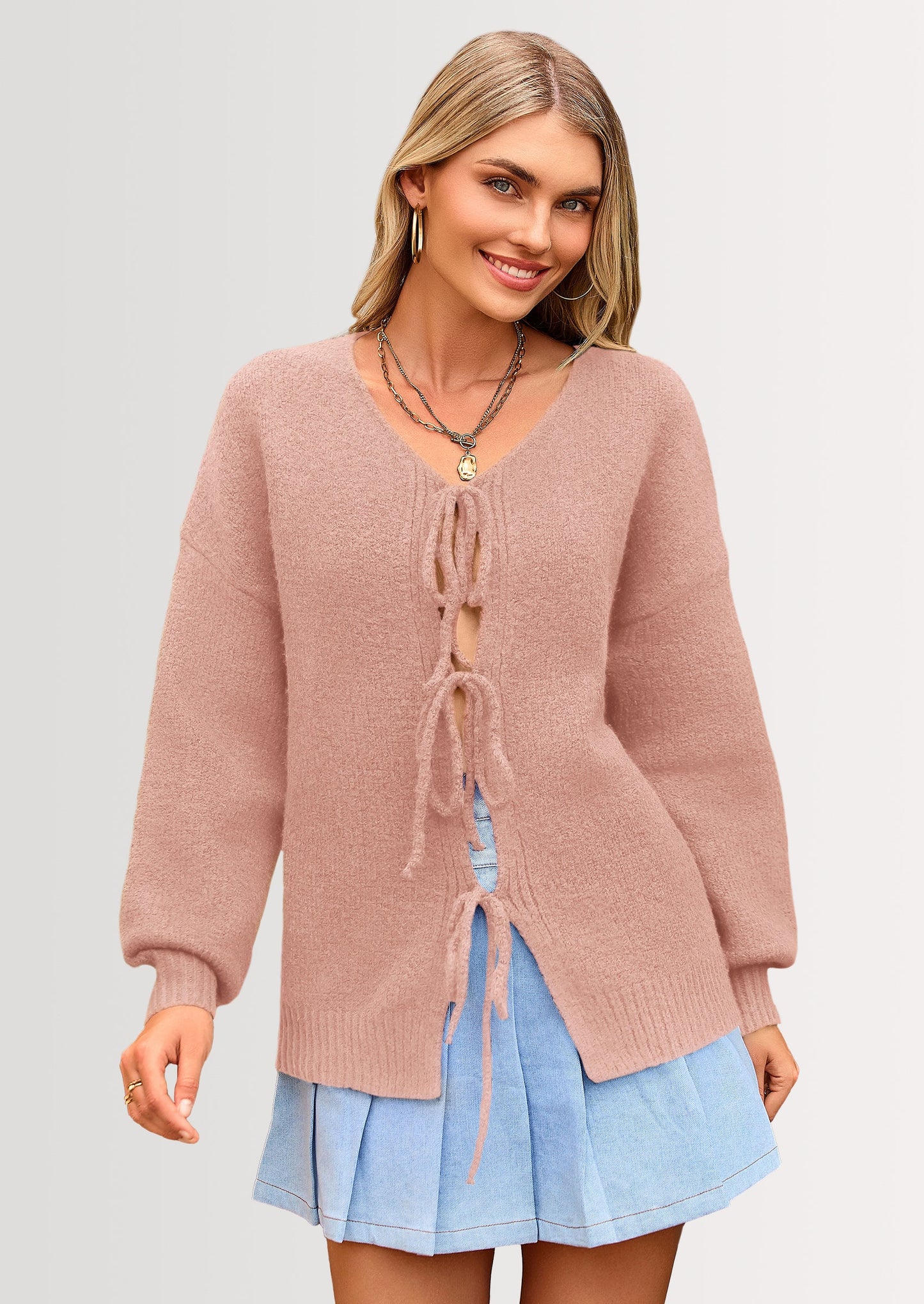Women's Tie Front Bow Cardigan Sweaters Chunky Knit Long Puff Sleeve Trendy Fall Winter Jacket Coats
