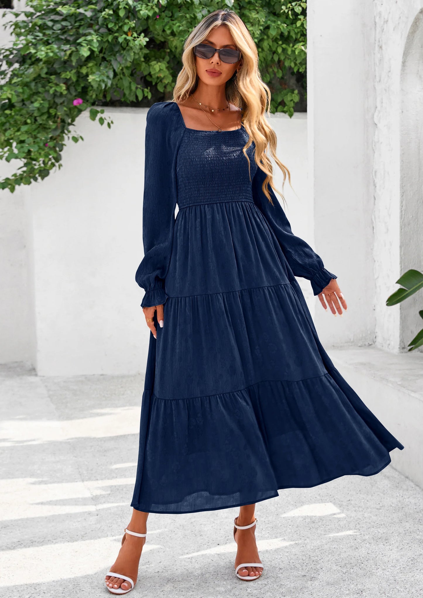 Fall Wedding Guest Dresses for Women Floral Long Sleeve Smocked Tiered Elegant Long Flowy Boho Dress