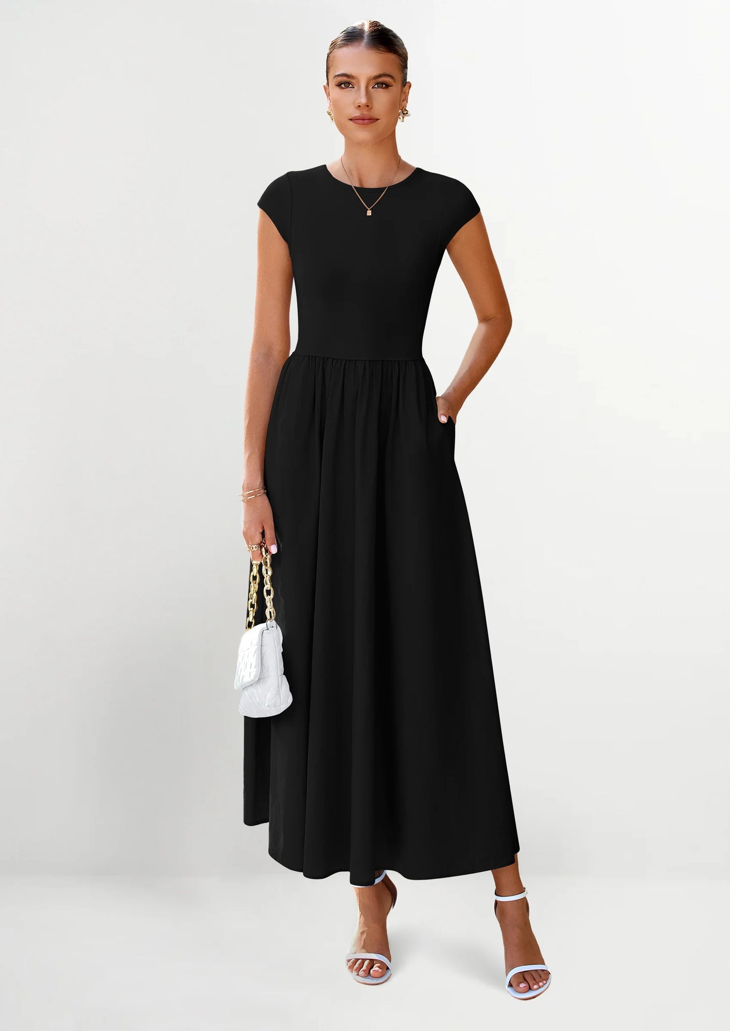 Women's Casual Long Dresses Cap Sleeve Patchwork A Line Flowy Modest Elegant Homecoming Maxi Dress