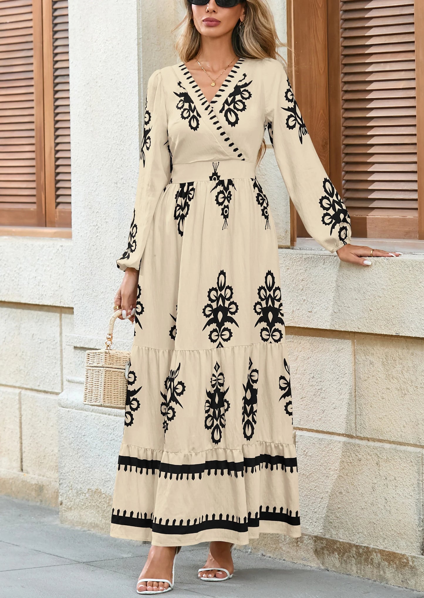 Women's Fall Wedding Guest Dresses Boho Floral Long Sleeve V Neck Flowy Elegant Maxi Dress Beach Clothes