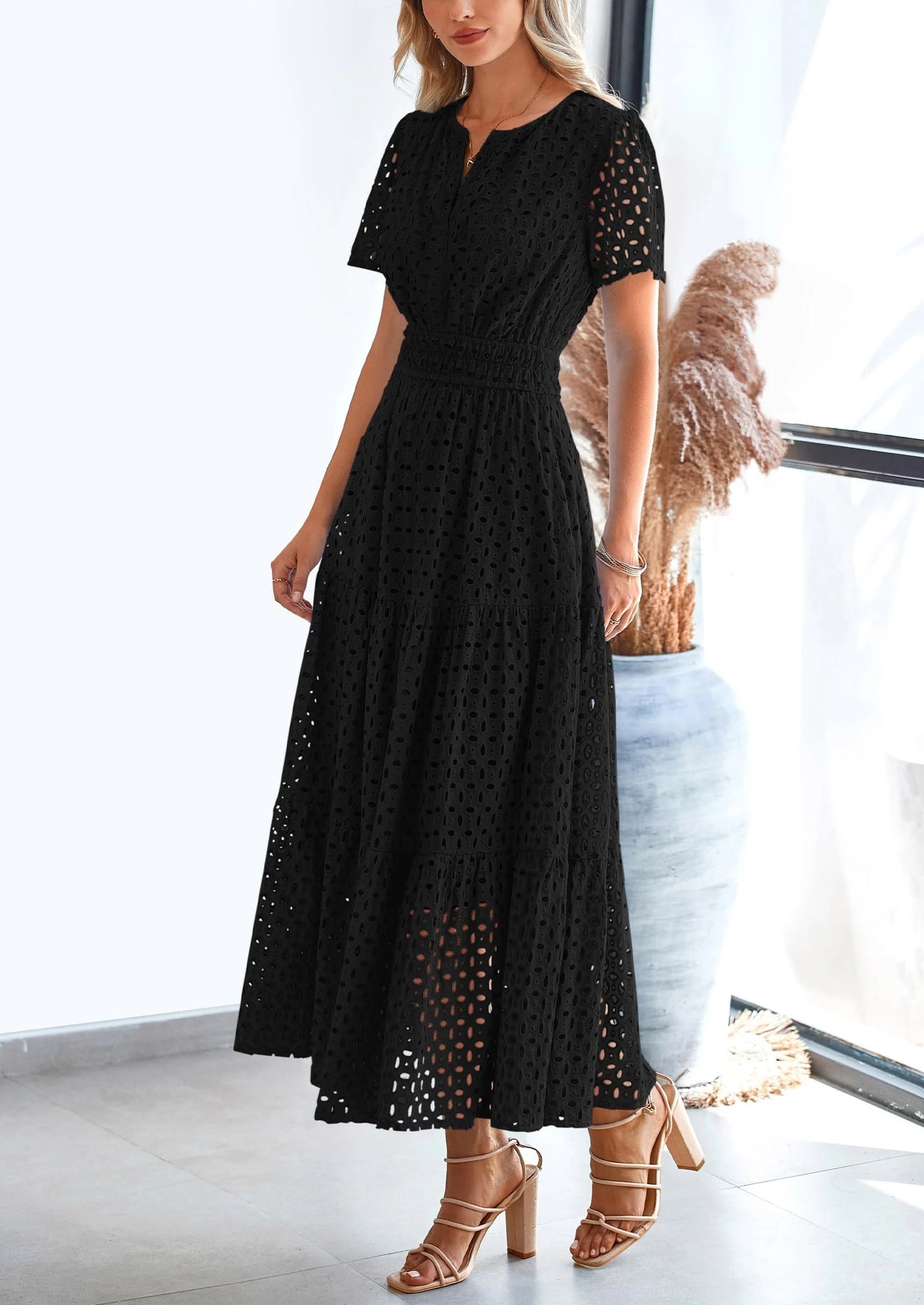 Womens Maxi Dress Short Sleeve V Neck Hollow Out Eyelet A Line Long Flowy Beach Vacation Dresses