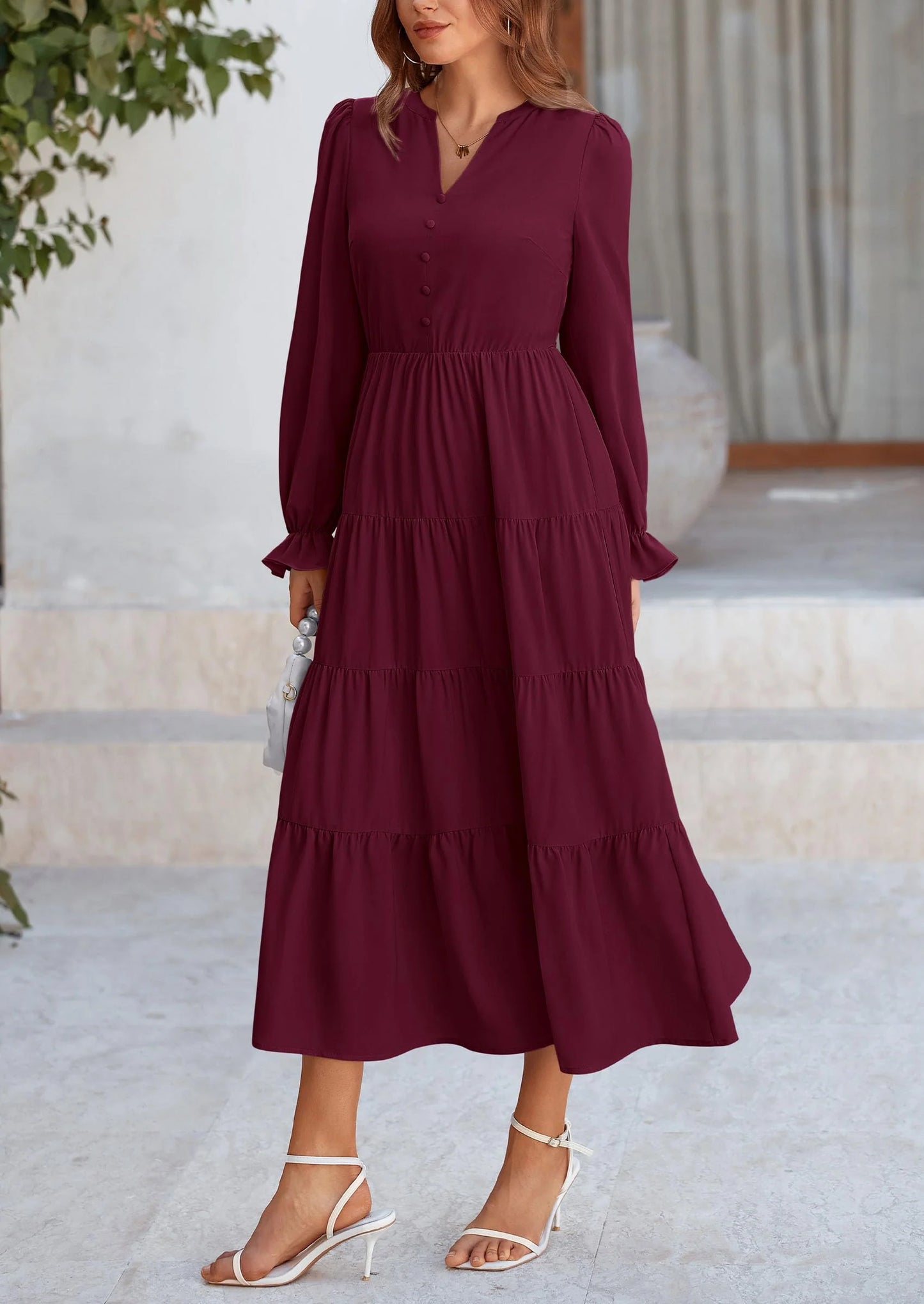 Women Fall Long Sleeve Smocked Maxi Dress Casual Square Neck Swiss Dot Tiered Ruffle Flowy Spring Pocket Dresses