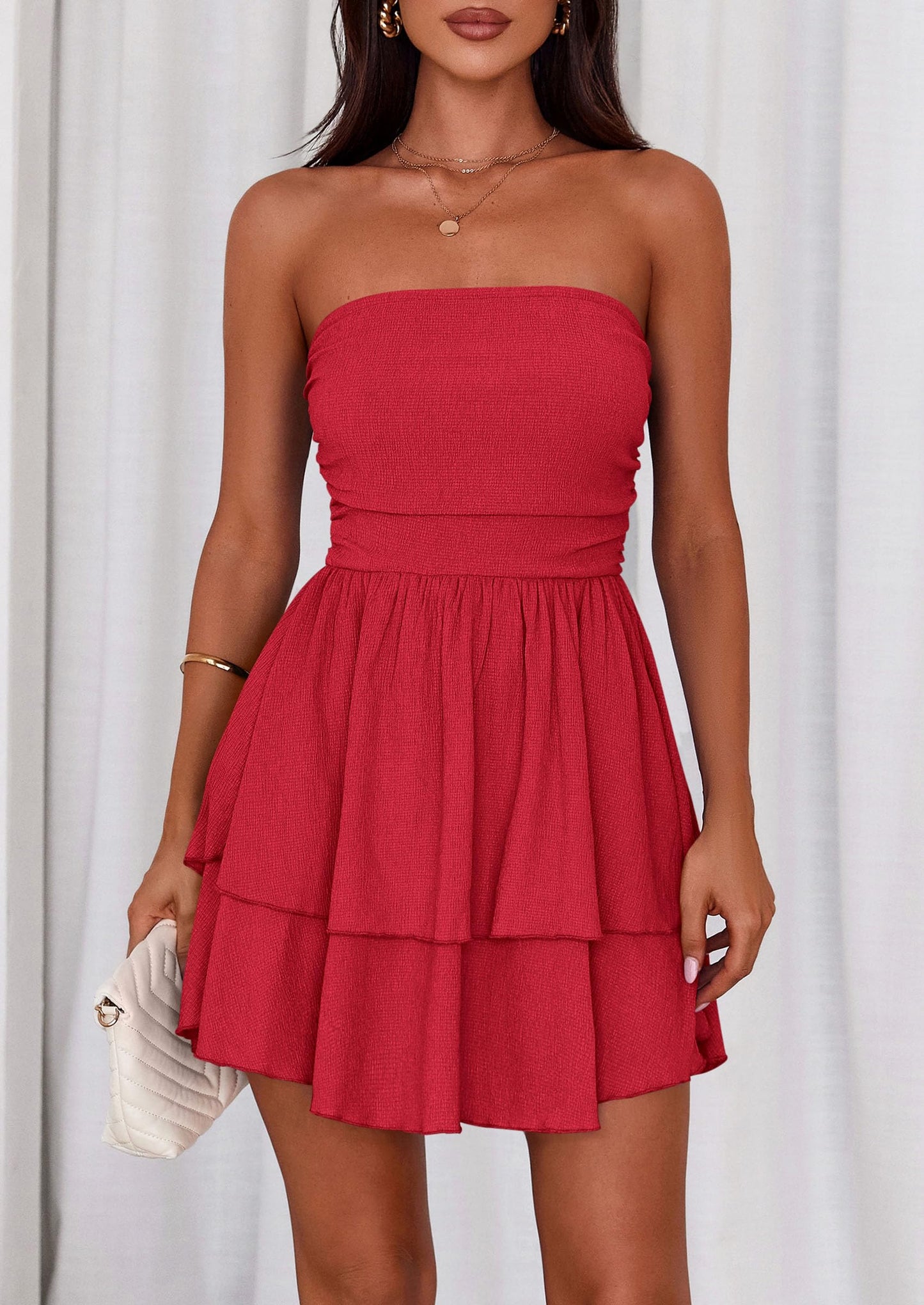 Women's Summer Strapless Tube Mini Dress Off Shoulder Smocked Ruffle A Line Flowy Short Party Club Dresses