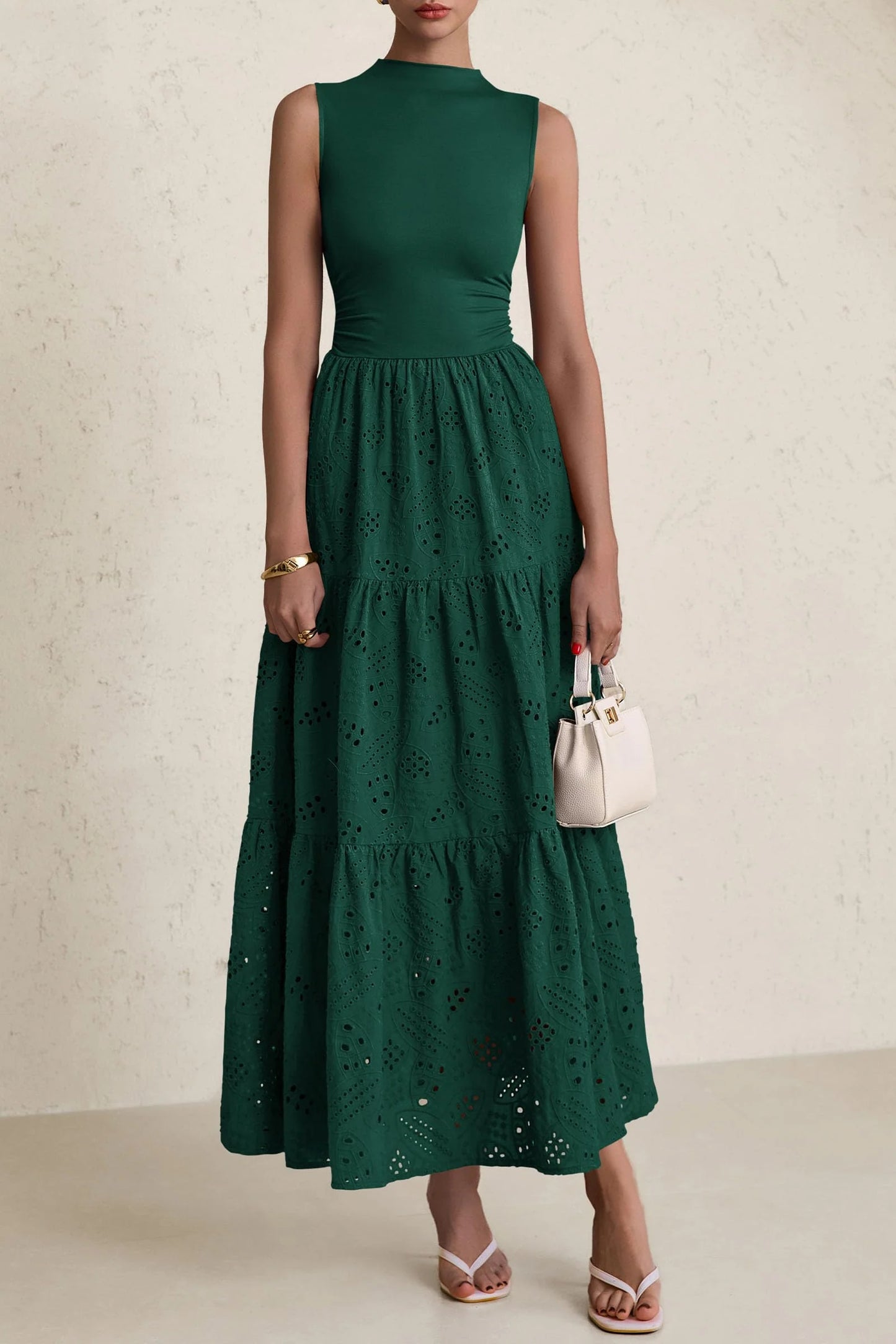Dresses for Women Casual Eyelet Sleeveless Wedding Guest Maxi Dress Tank Top Sundress with Pockets