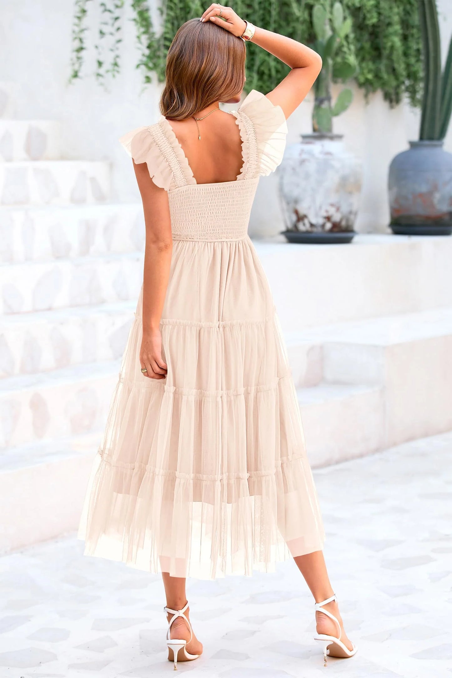 Women's Tulle Midi Dress Sleeveless Smocked Ruffle Mesh Flowy Dresses Party Wedding Guest Sundress