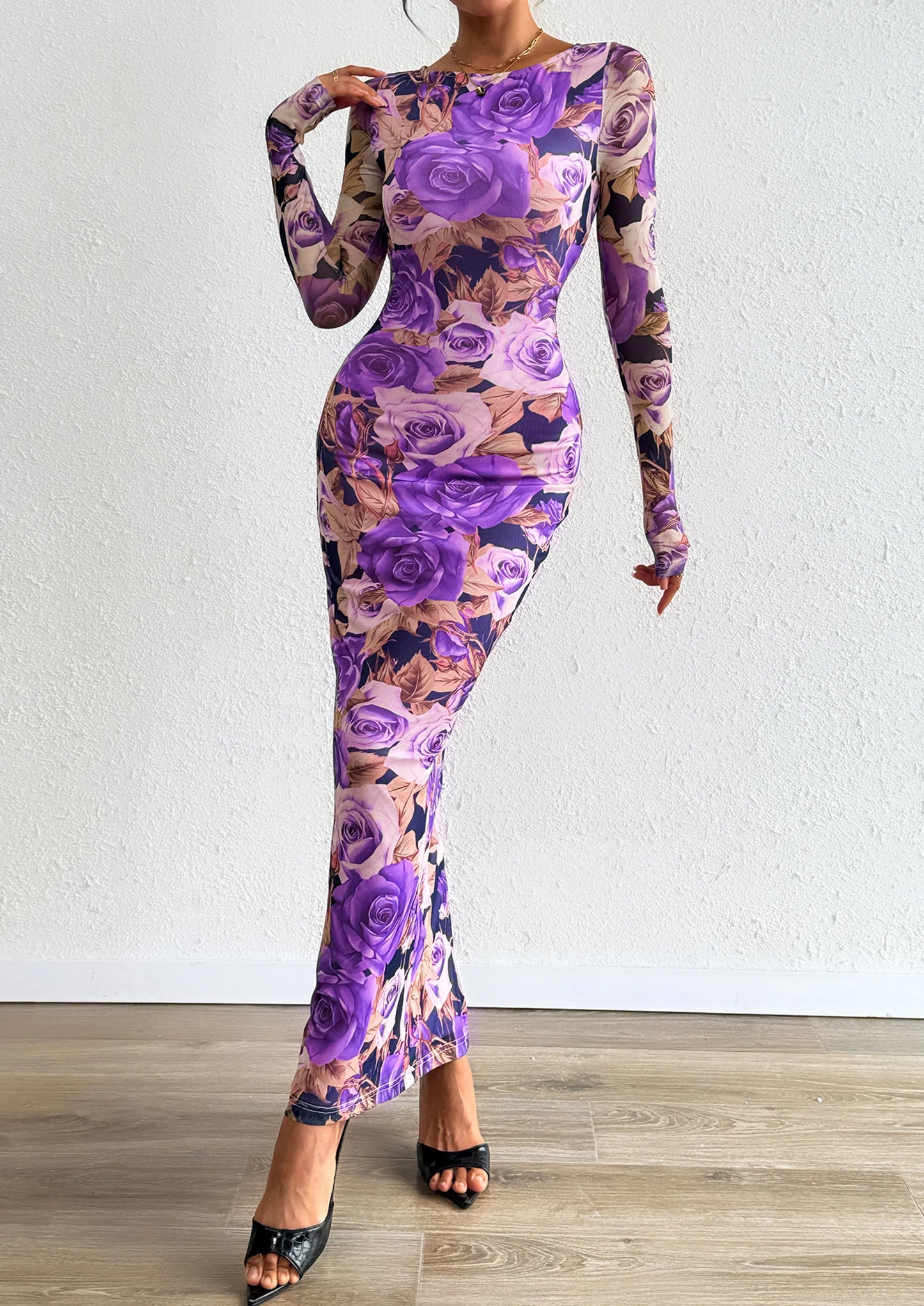Bodycon Maxi Dress Fall Floral Long Sleeve Sexy Mesh Cocktail Wedding Guest Long Dresses