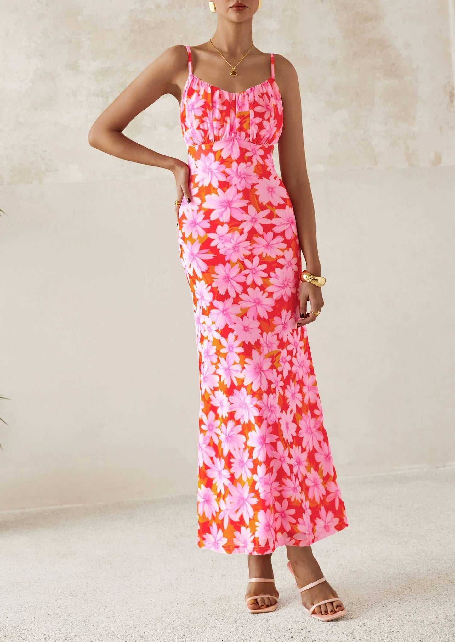 Women's Bodycon Maxi Dress Floral Sundress Sleeveless Spaghetti Strap Cocktail Party Dress