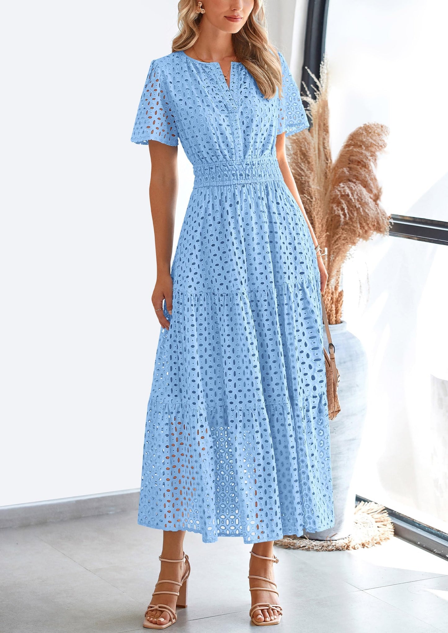 Womens Maxi Dress Short Sleeve V Neck Hollow Out Eyelet A Line Long Flowy Beach Vacation Dresses