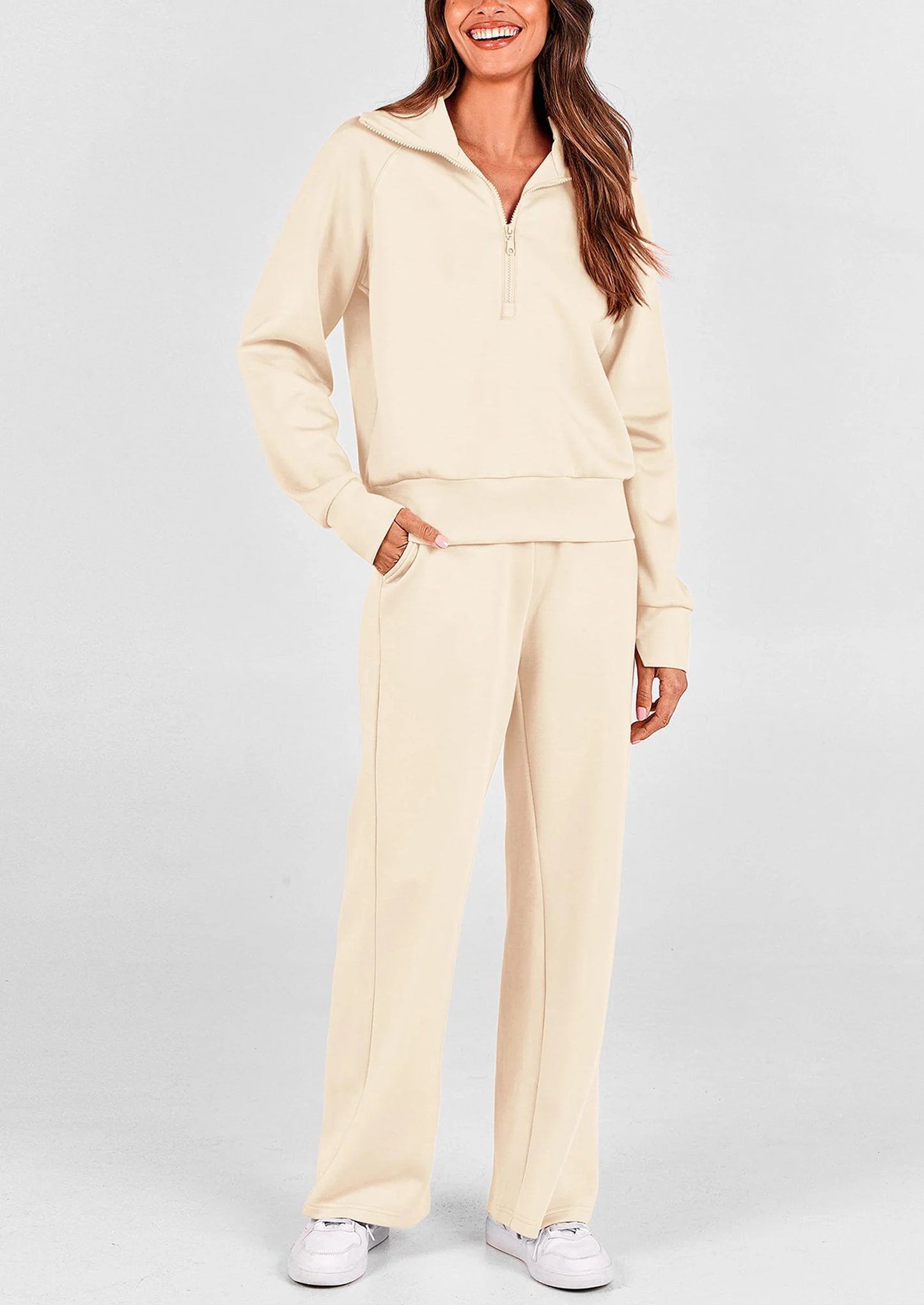 Women's 2 Piece Outfits Casual Lapel Half Zip Sweatshirts And Wide Leg Pants Tracksuit Sets