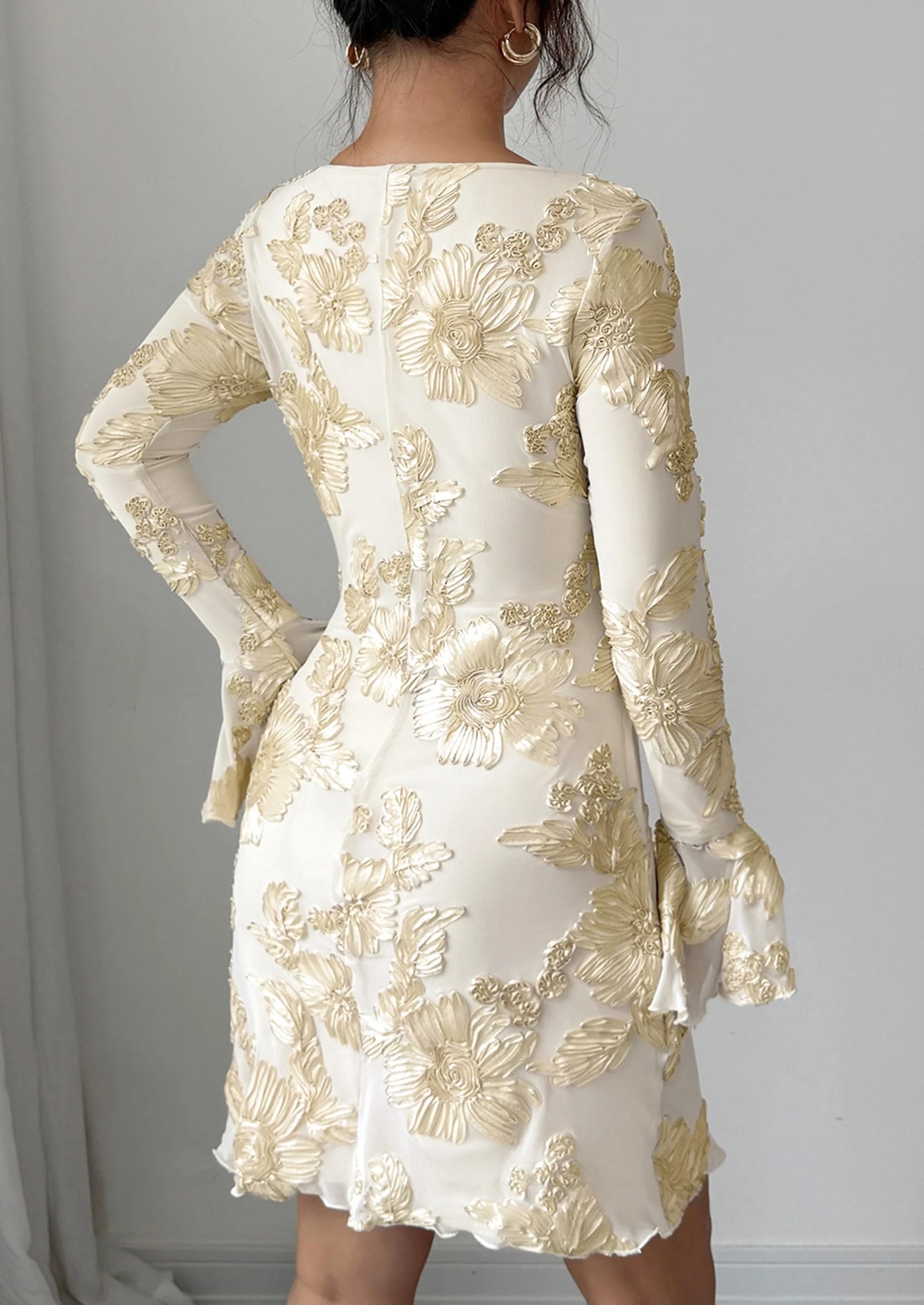 Women's Floral Embroidered Dress Fall Long Bell Sleeve Ribbon Flower Mini Short Mesh Bodycon Party Dresses
