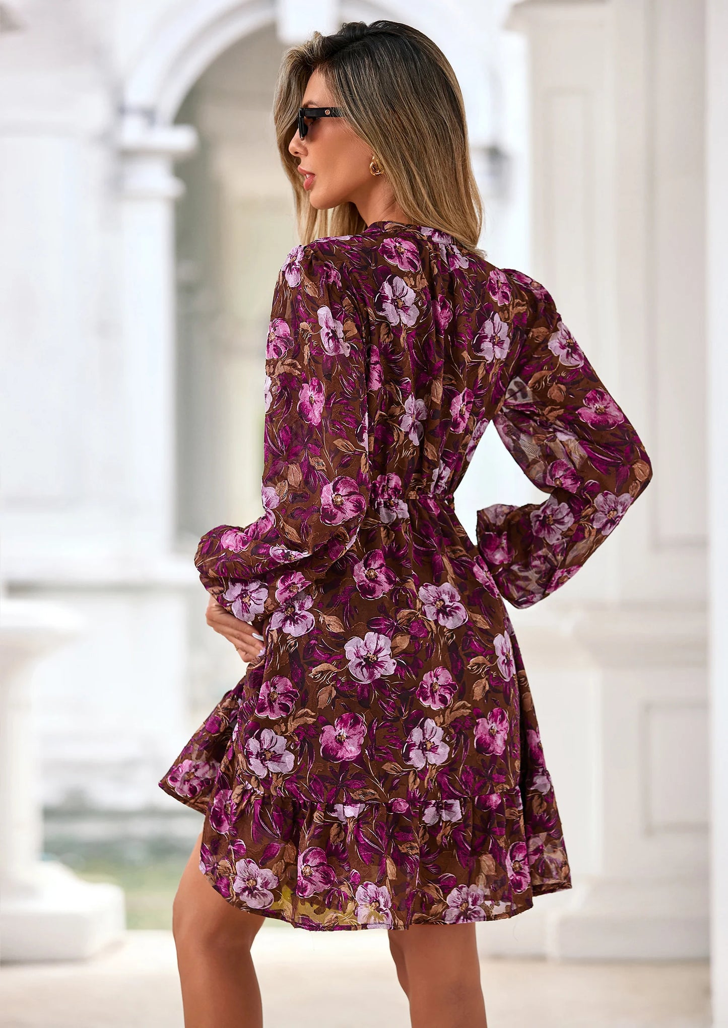 Women's Fall Boho Dresses Floral Long Sleeve V Neck Mini Flowy Wedding Guest Dress Trendy Vacation Outfits