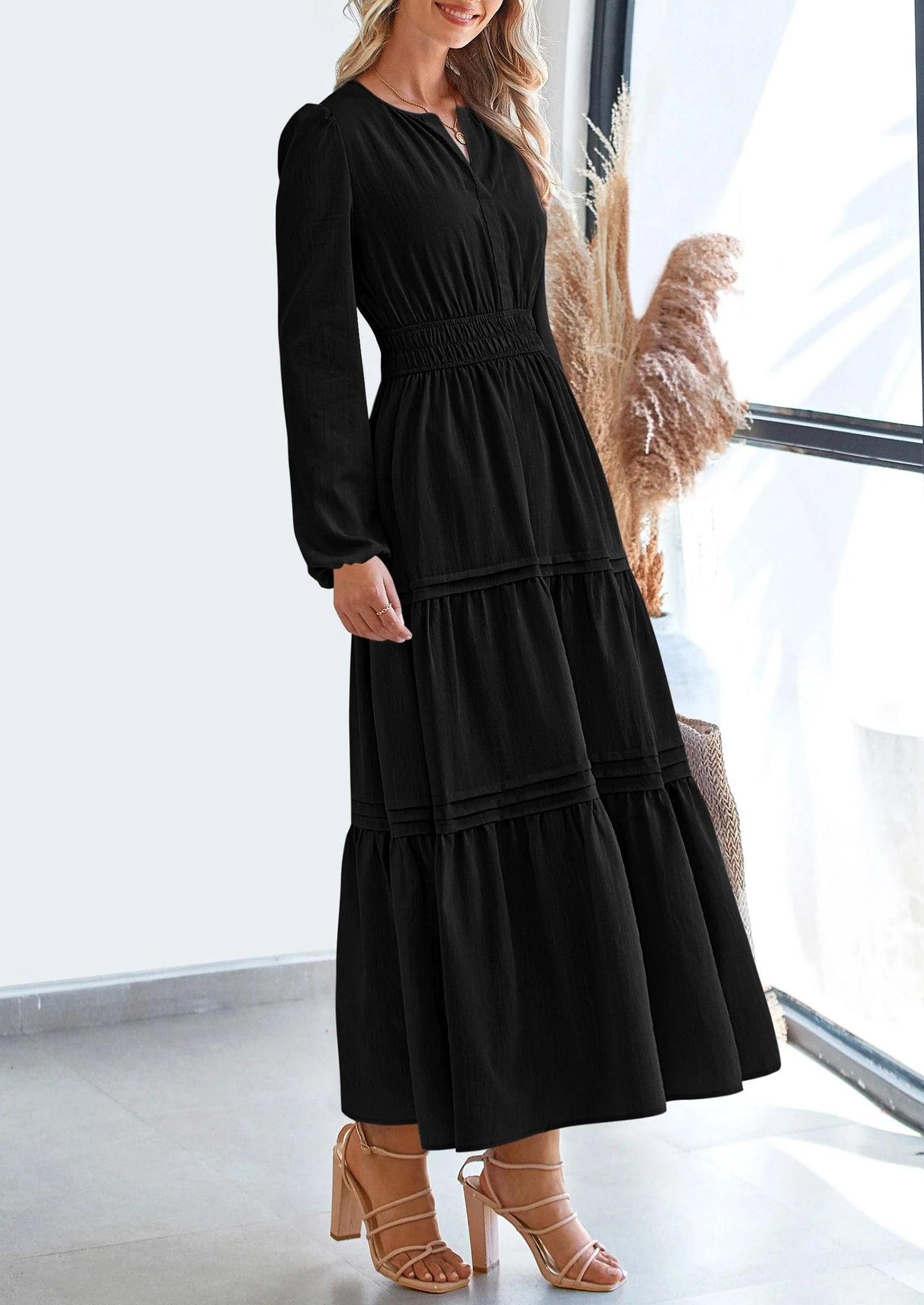 Women's Elegant Maxi Dresses Long Sleeve V Neck Flowy Pockets Casual Modest Dress Fall Fashion Clothes