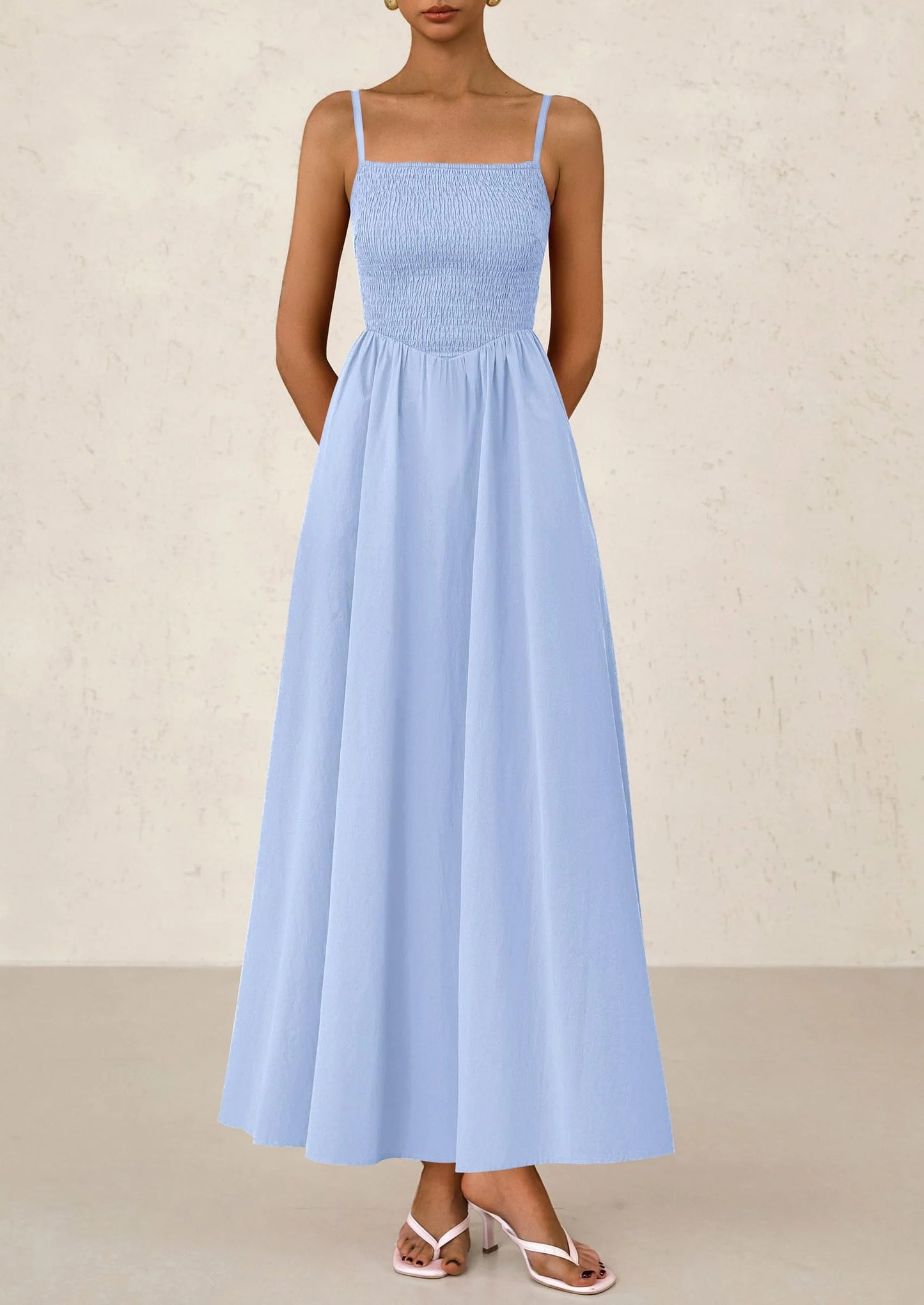 Women's Smocked Maxi Dresses Beach Sundress Casual Spaghetti Strap Swing A Line Long Flowy Dress