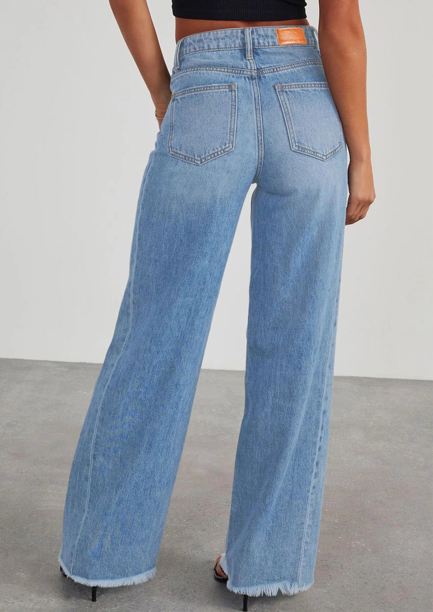 Wide Leg Jeans for Women Trendy High Waisted Stretchy Baggy Raw Hem Denim Palazzo Pants with Pockets