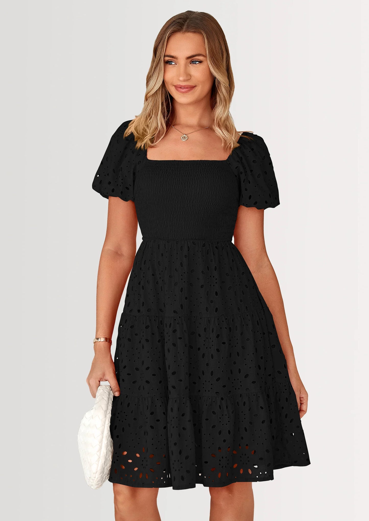 Womens Summer Puff Sleeve Mini Dress Off Shoulder Eyelet Smocked A Line Casual Babydoll Short Dresses