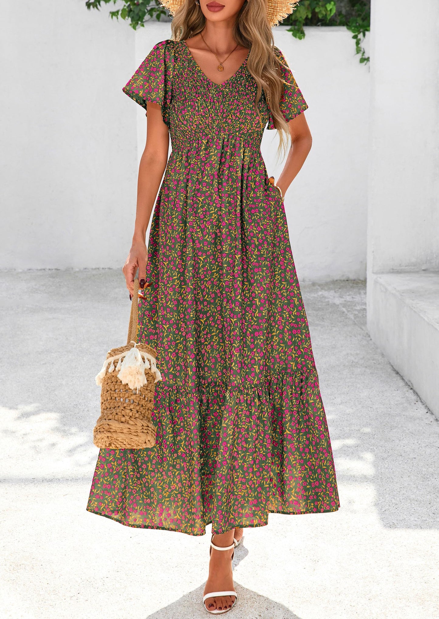 Women Floral Boho Maxi Dresses Short Sleeve V Neck Smocked A Line Long Flowy Beach Vacation Dress