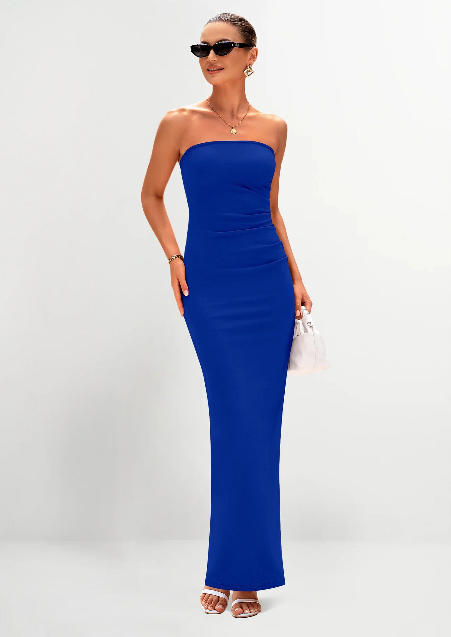 Women's Semi Formal Cocktail Dresses Strapless Tube Bodycon Ruched Evening Wedding Guest Maxi Dress