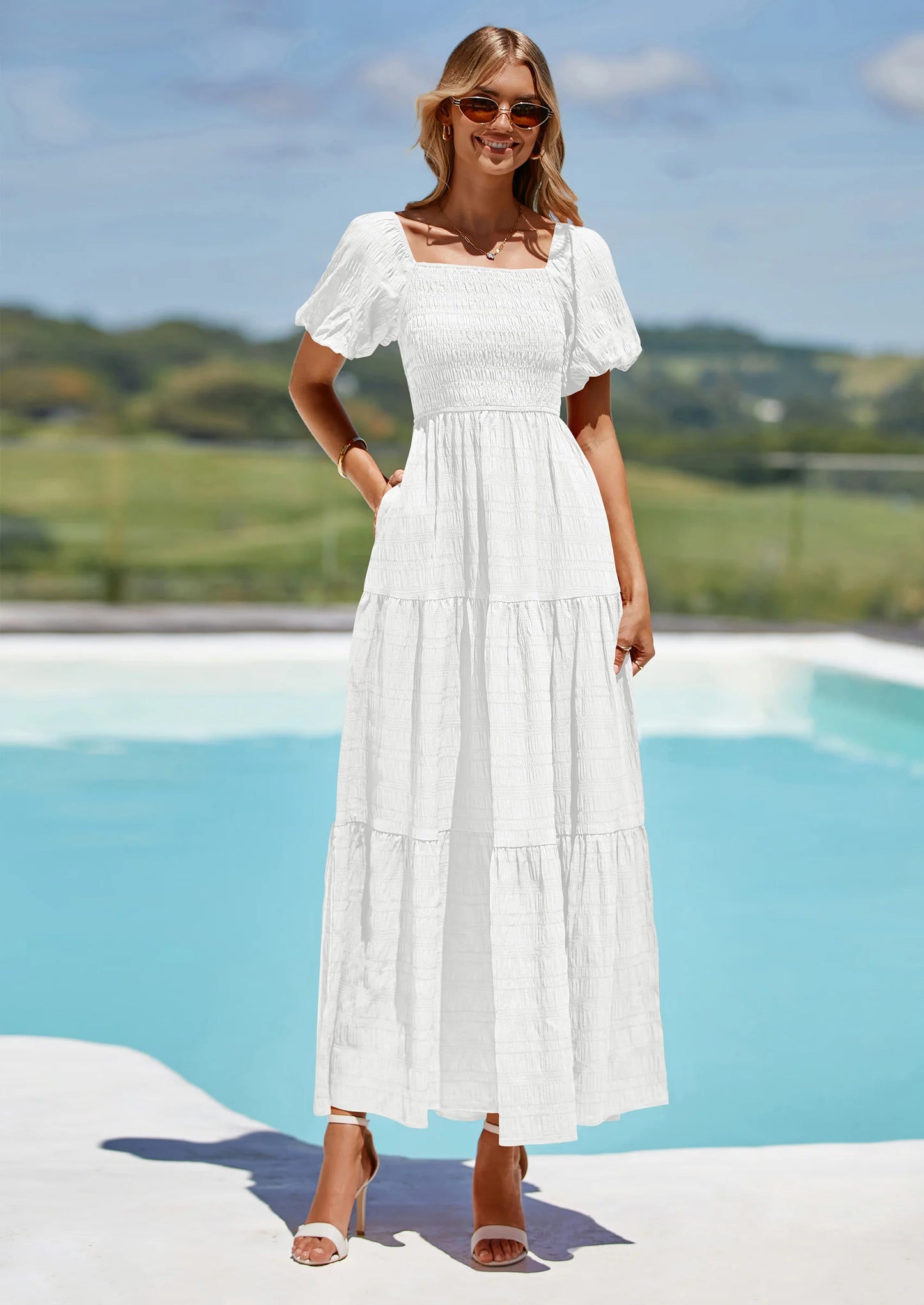 Womens Summer Puff Short Sleeve Maxi Dress Square Neck Smocked Tiered Ruffle A Line Long Flowy Beach Dresses