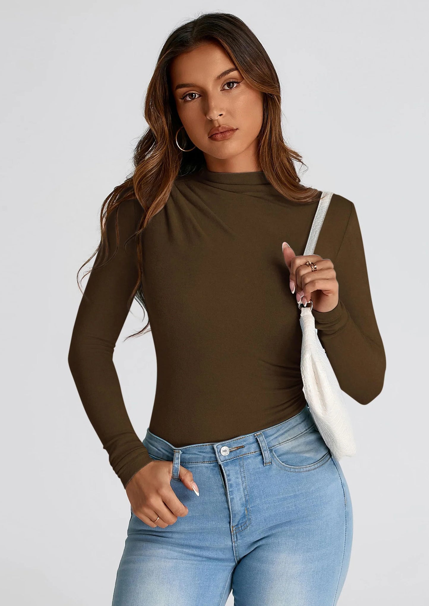 Womens Fall Y2K Going Out Crop Tops Long Sleeve Mock Neck Ruched Slim Fitted Basic Trendy Casual T Shirts Blouse