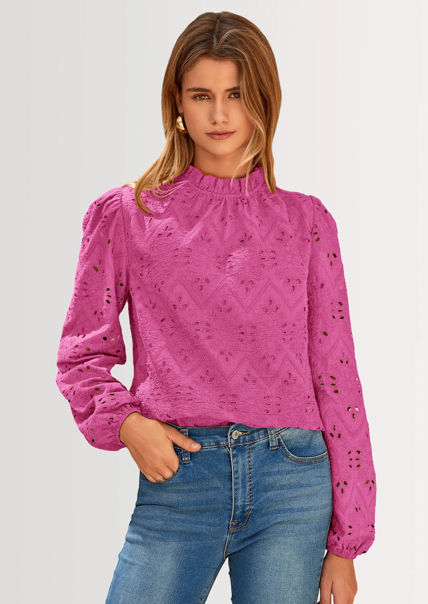 Womens Tops Dressy Casual Spring Long Sleeve Shirts Embroidered Eyelet Blouses Going Out Outfits