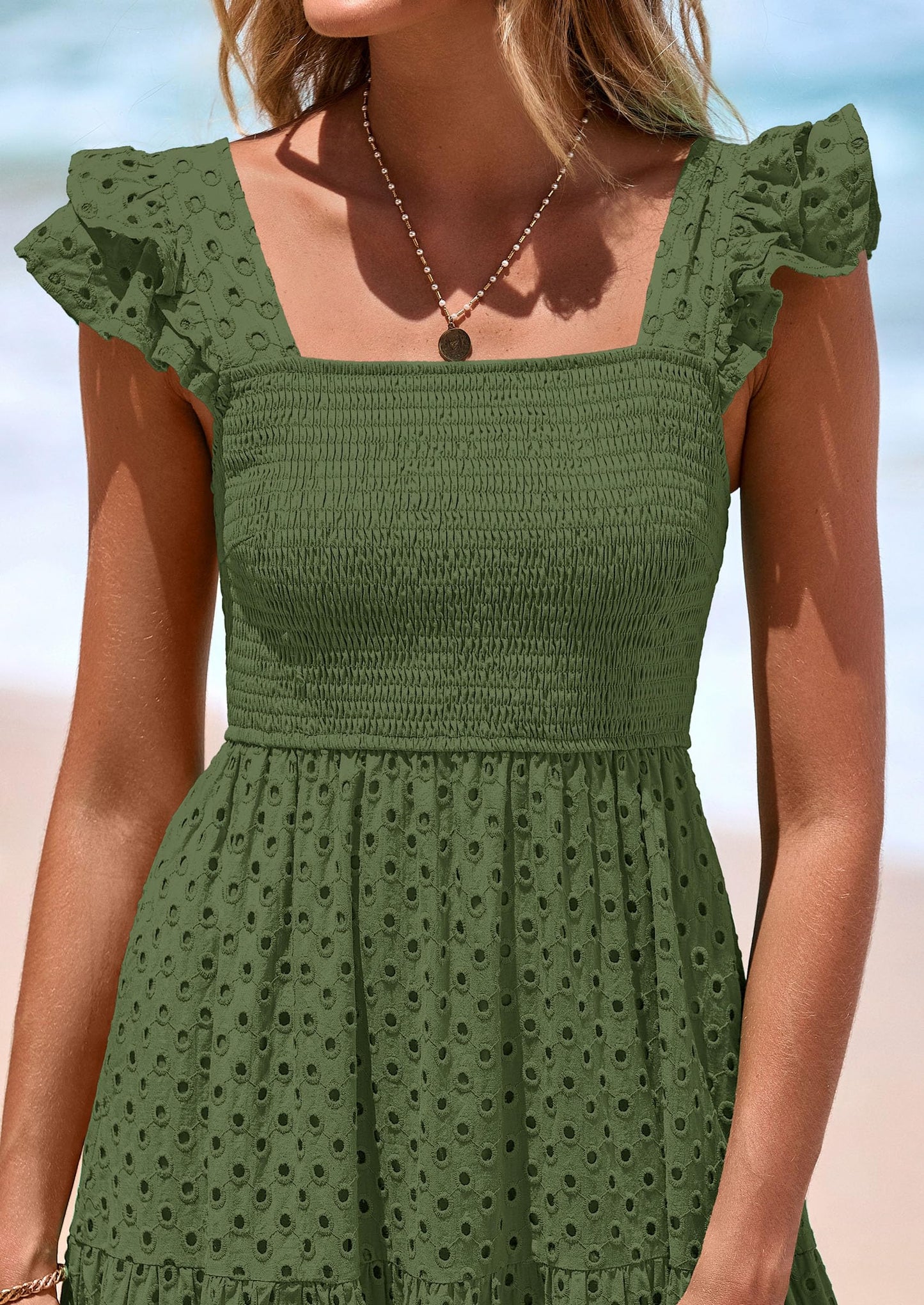 Womens Square Neck Maxi Dresses Cap Sleeve Eyelet Smocked Tiered A Line Flowy Long Dress with Pockets