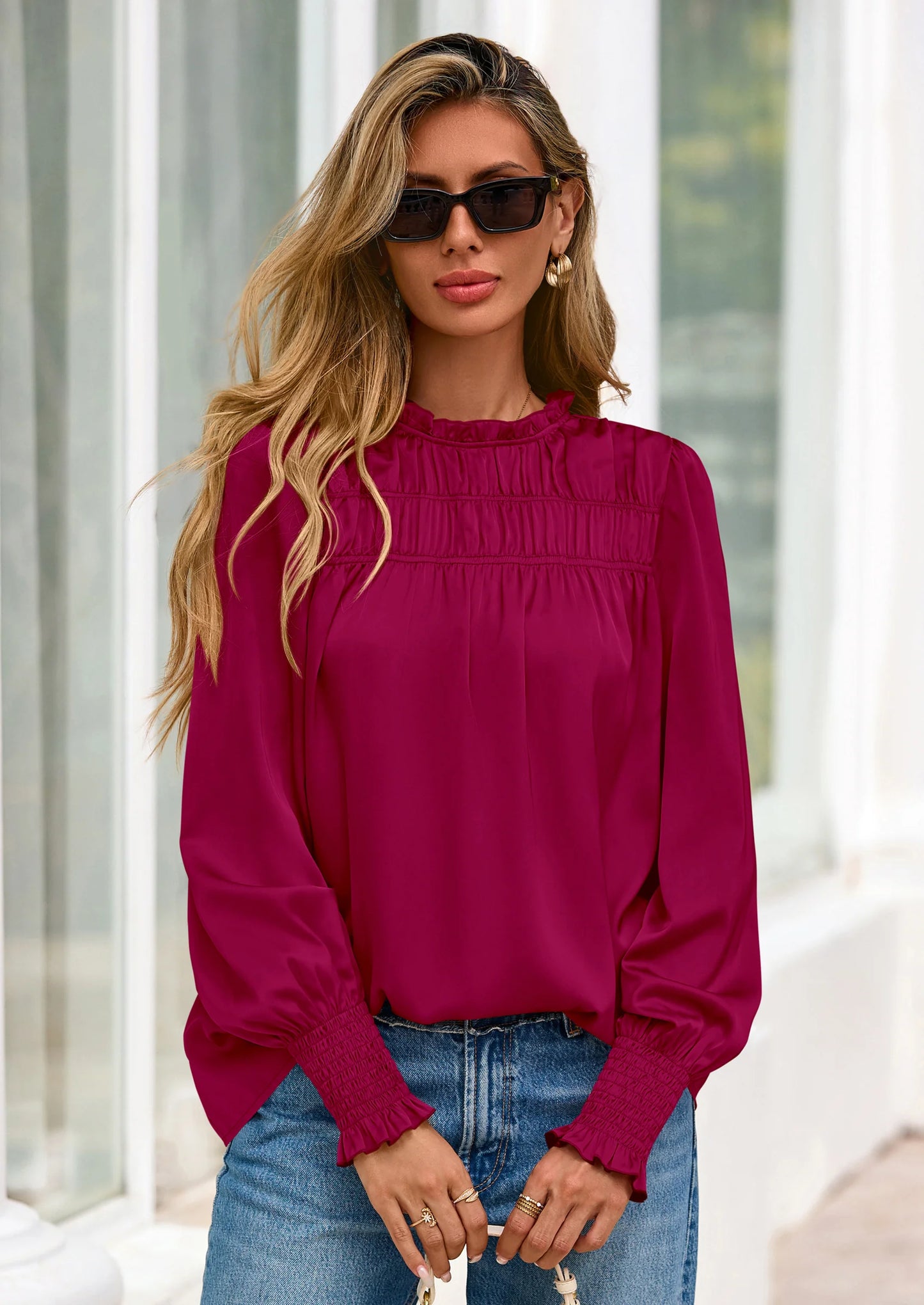 Blouses for Women Dressy Casual Fall Outfits Frill Neck Long Sleeve Shirts Satin Work Business Casual Tops